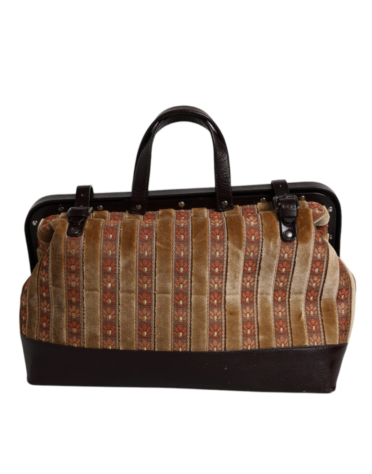 Elevate your style with the Dolce & Gabbana Beige Maroon Velvet Leather Jacquard Travel Handbag, a masterpiece of Italian craftsmanship that embodies timeless luxury and sophistication.
