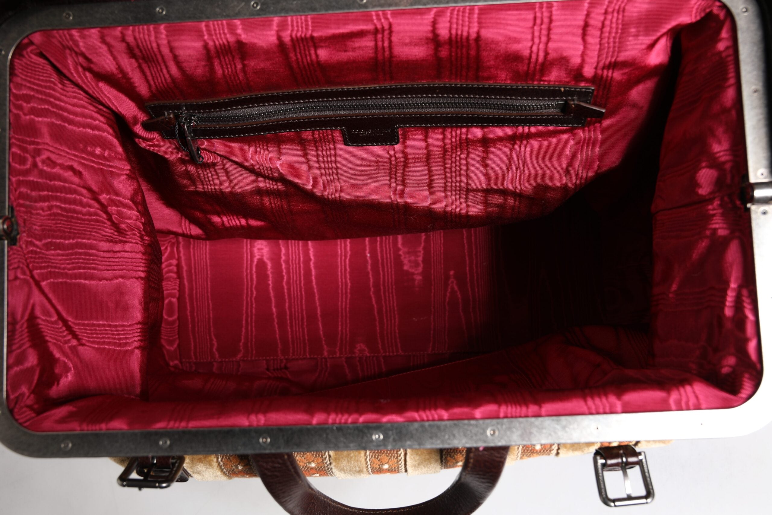 Dolce & Gabbana Beige Maroon Velvet Leather Jacquard Travel Handbag Bag