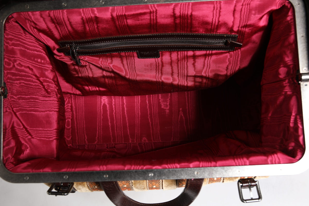 Indulge in the exquisite Dolce & Gabbana Beige Maroon Velvet Leather Jacquard Travel Handbag, where luxurious craftsmanship meets timeless elegance, perfect for the discerning individual.