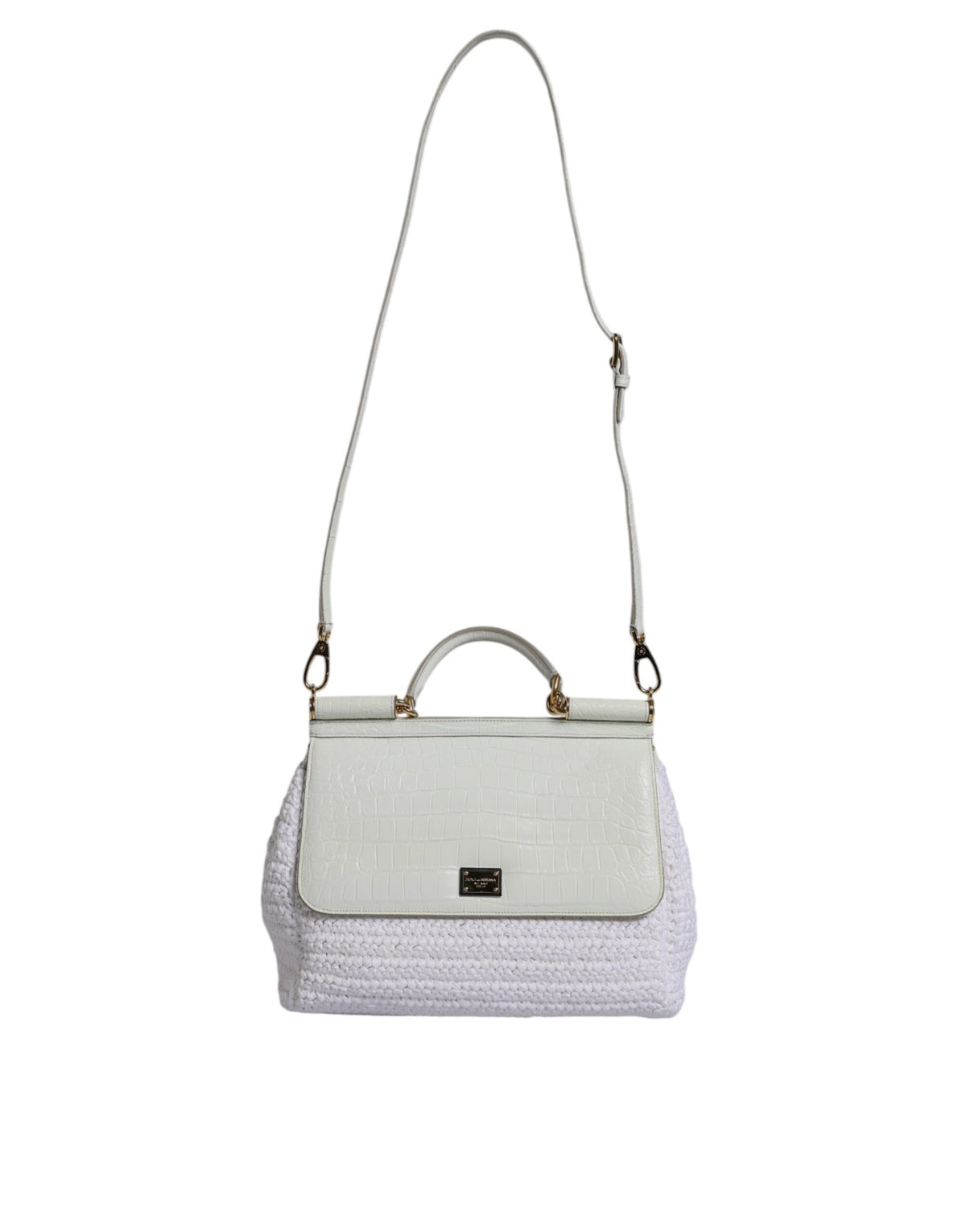 Discover the Dolce & Gabbana White Rafia Leather Top Handle Crossbody Bag, a masterpiece of Italian craftsmanship that embodies timeless elegance and sophistication.