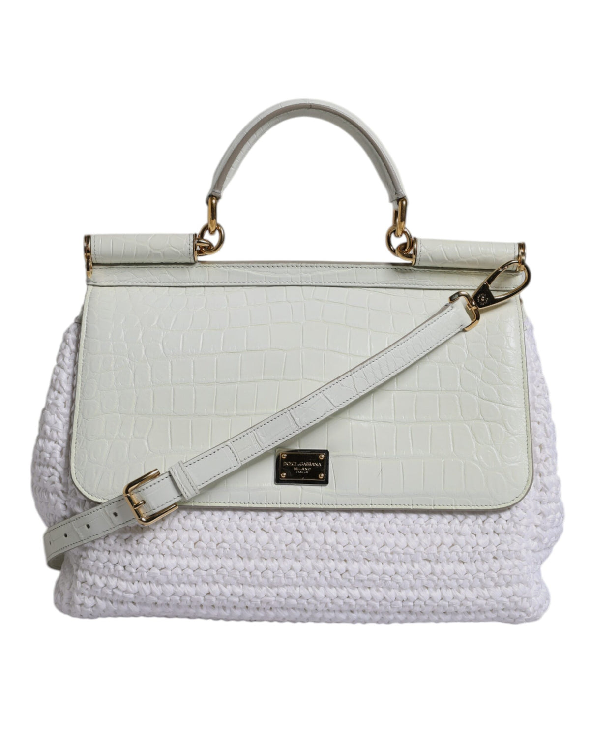 Indulge in the exquisite allure of the Dolce & Gabbana White Rafia Leather Top Handle Crossbody Bag, a masterpiece of Italian craftsmanship that elevates your elegance.