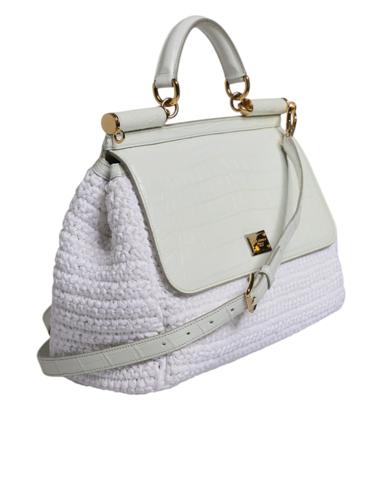 Discover the Dolce & Gabbana White Rafia Leather Top Handle Crossbody Bag, where exquisite craftsmanship meets timeless elegance, perfect for the discerning fashion connoisseur.