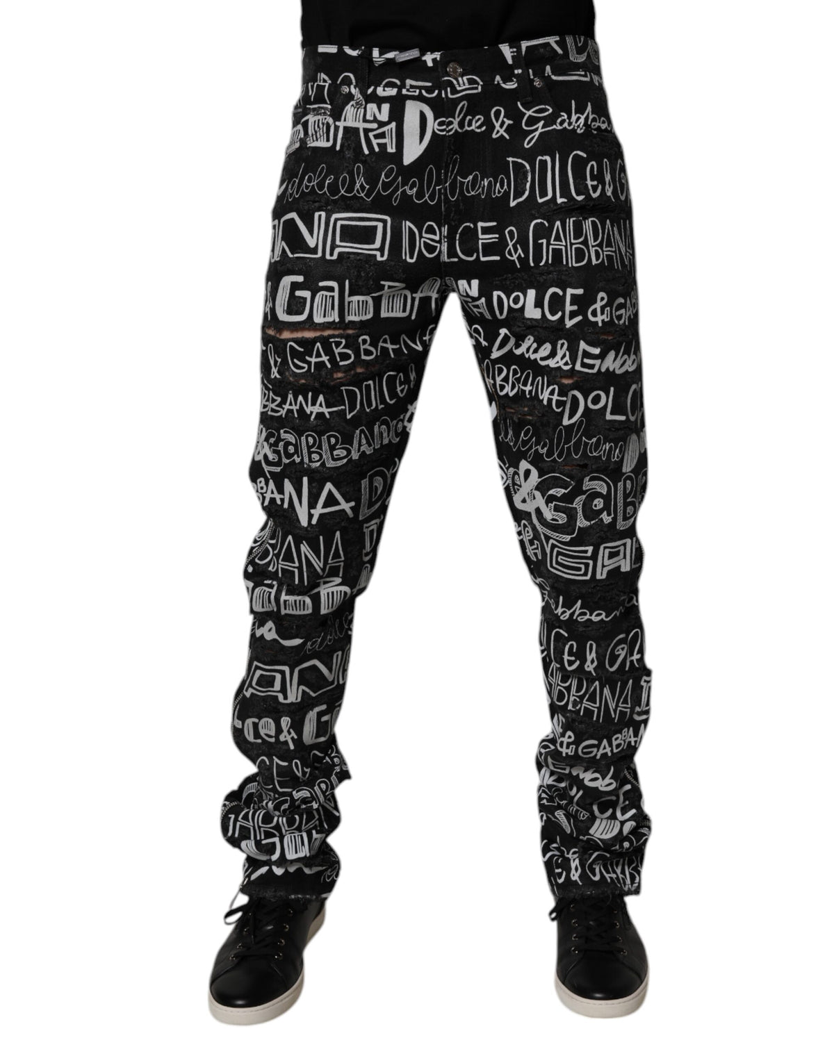 Dolce & Gabbana Black Cotton Logo Print Denim Jeans - Luxury Fashion