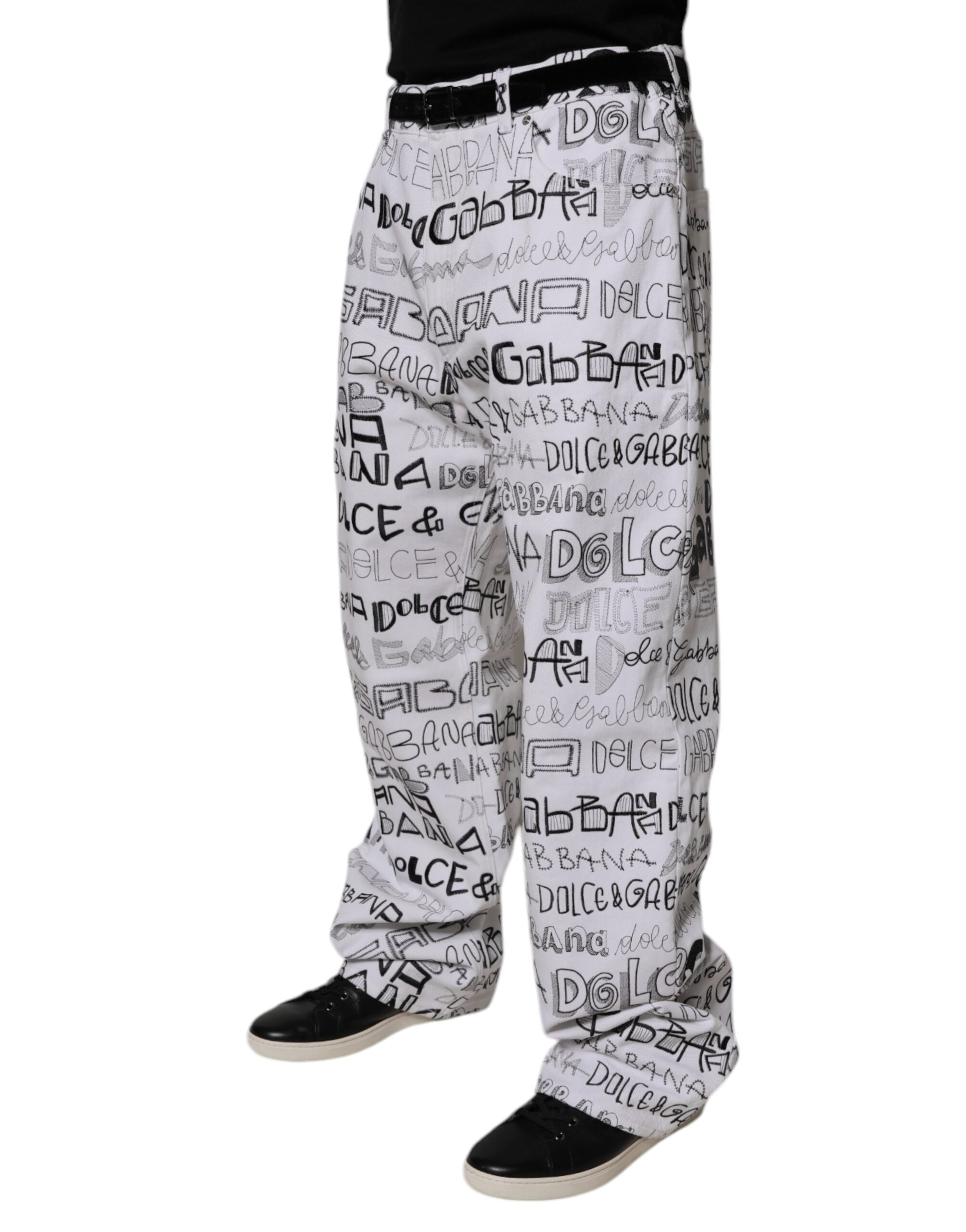 Dolce & Gabbana White Logo Print Straight Denim Jeans - Luxury Style