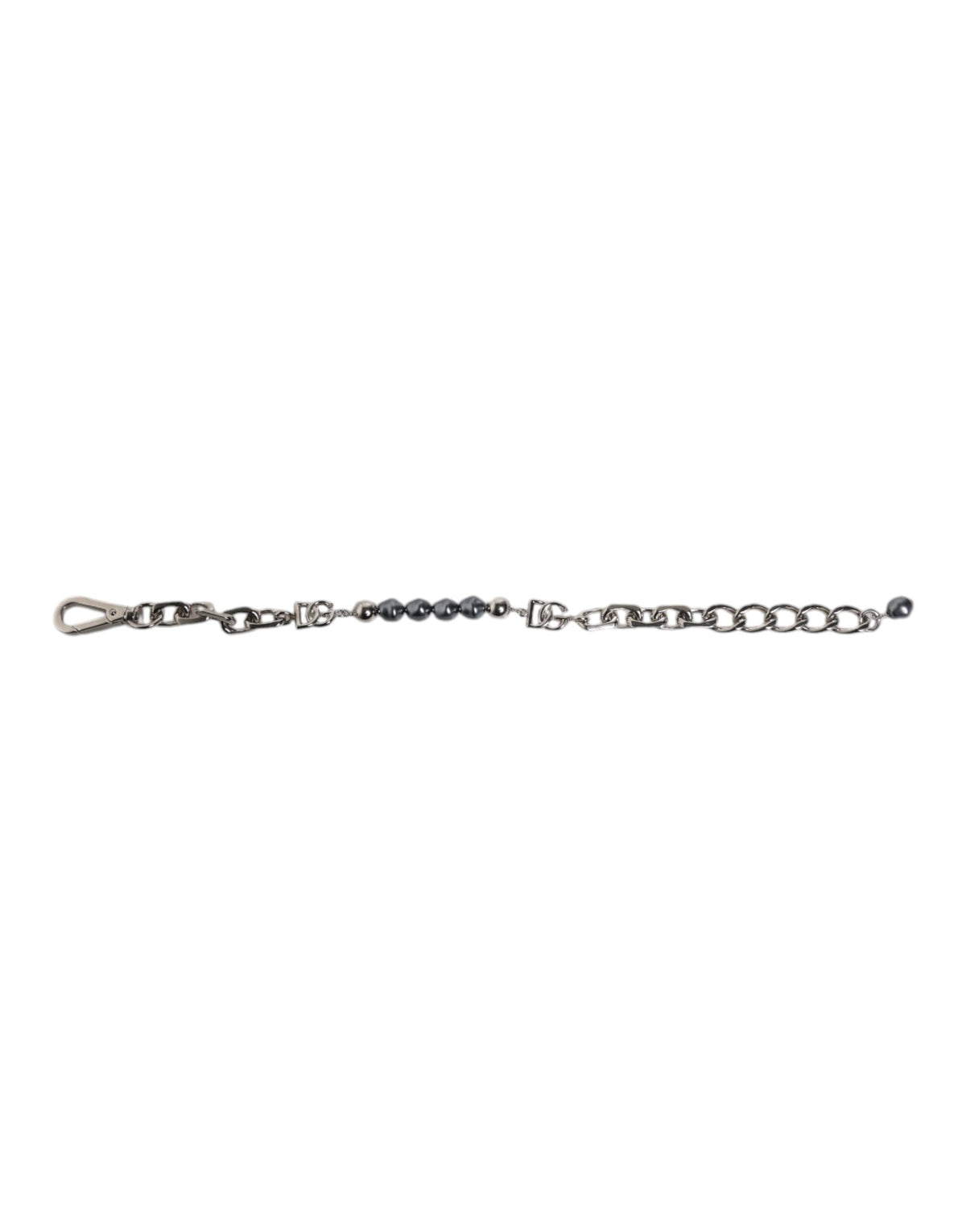 Indulge in the exquisite Dolce & Gabbana Silver Tone Chain Lobster Clasp Logo Gray Pearls Bracelet, a timeless symbol of luxury and sophistication, perfect for elevating any ensemble.