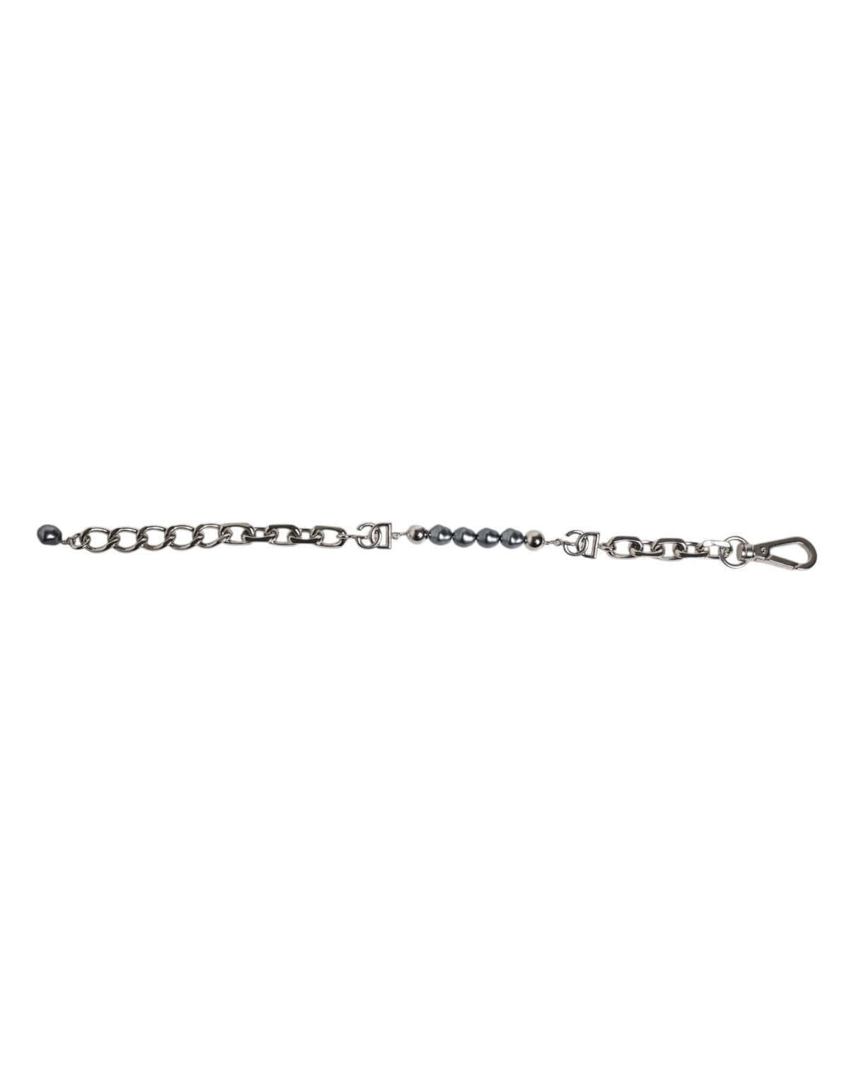 Indulge in the exquisite Dolce & Gabbana Silver Tone Chain Lobster Clasp Logo Gray Pearls Bracelet, a timeless piece that embodies luxury and elegance for the discerning individual.