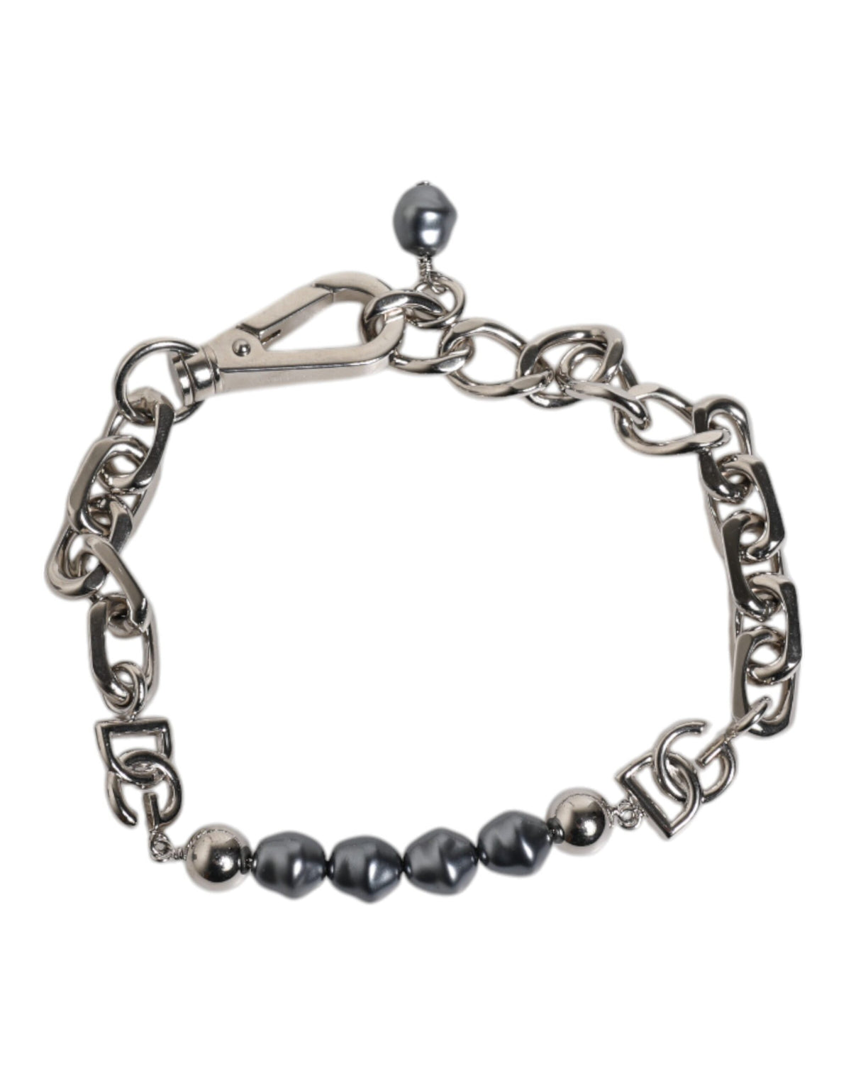 Indulge in the exquisite Dolce & Gabbana Silver Tone Chain Lobster Clasp Logo Gray Pearls Bracelet, a timeless symbol of luxury and sophistication, perfect for any occasion.