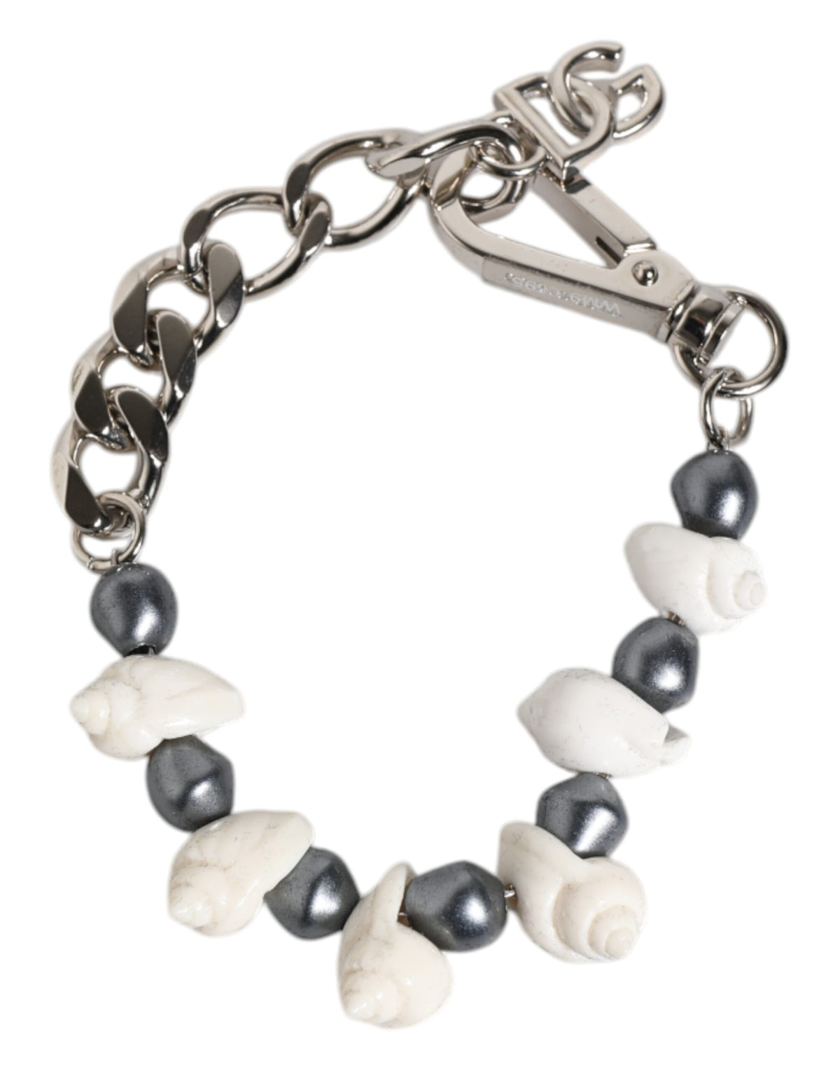 Elevate your elegance with the Dolce & Gabbana Silver Tone Brass Beaded Shell DG Logo Pendant Bracelet, a masterpiece of Italian craftsmanship blending luxurious pearls and bold design.