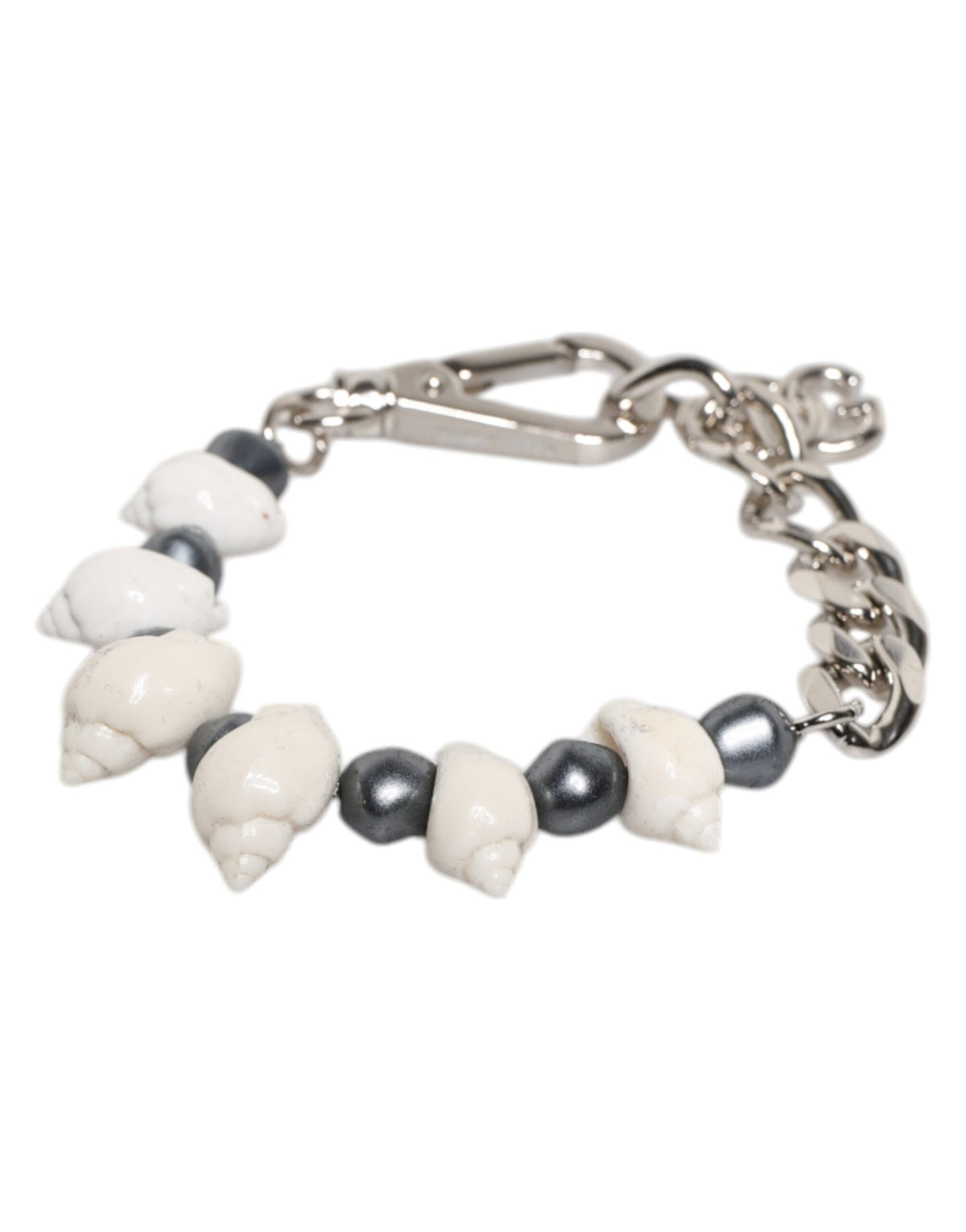Discover the Dolce & Gabbana Silver Tone Brass Beaded Shell DG Logo Pendant Bracelet, a masterpiece of Italian craftsmanship blending luxurious pearls with bold elegance for timeless allure.