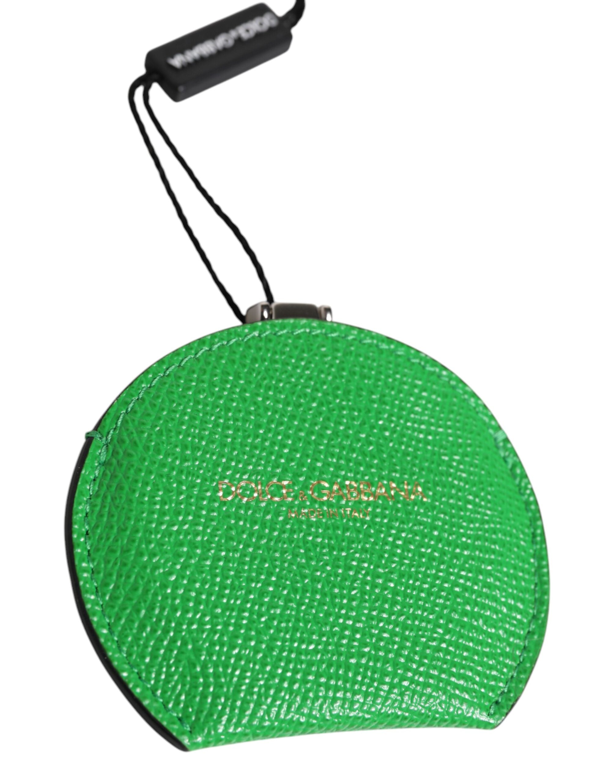 Dolce & Gabbana Green Calfskin Leather Round Logo Hand Mirror Holder