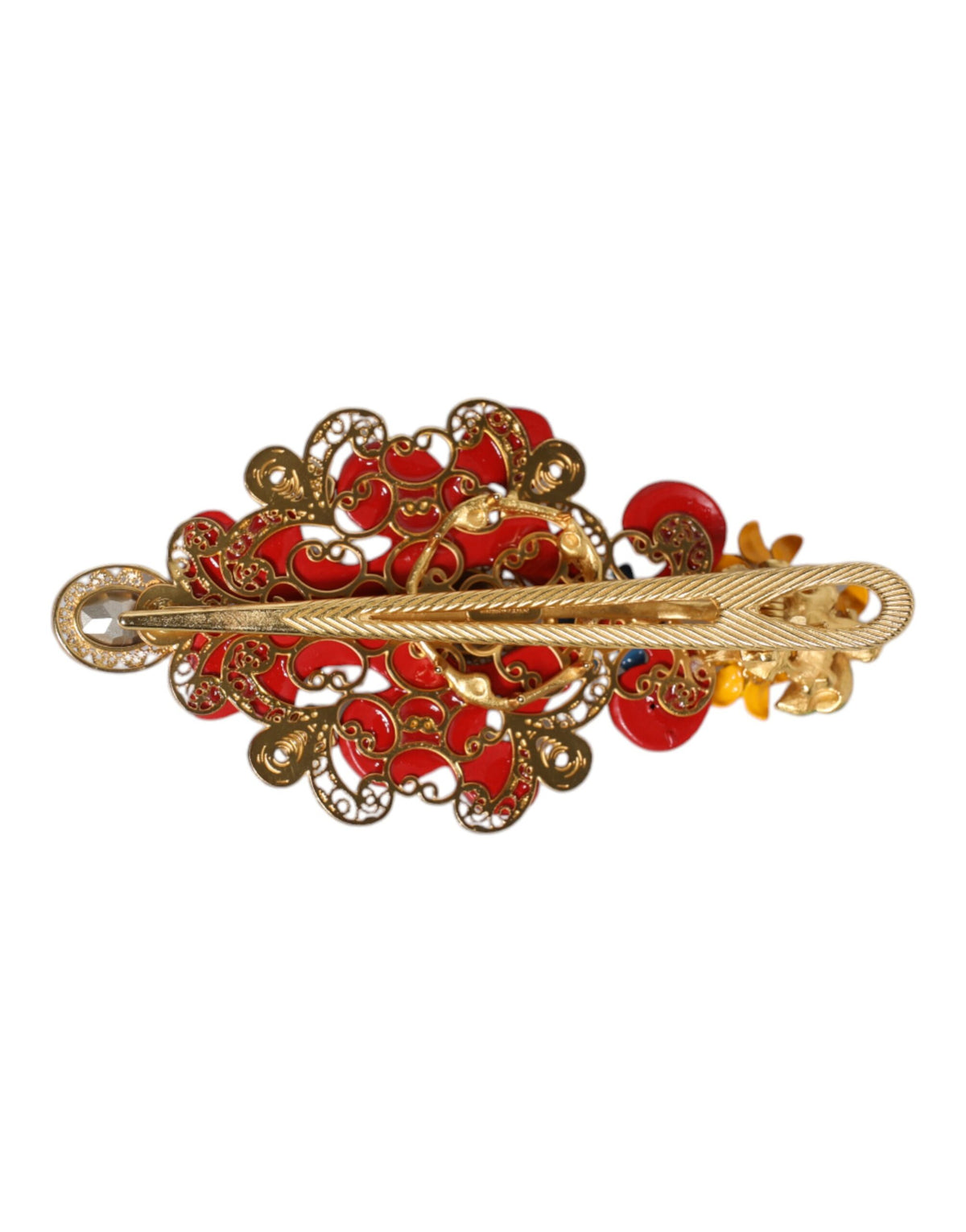 Indulge in the exquisite Dolce & Gabbana Multicolor Spring CARRETTO Hair Clip, a luxurious blend of brass and crystal, embodying timeless elegance and refined beauty.