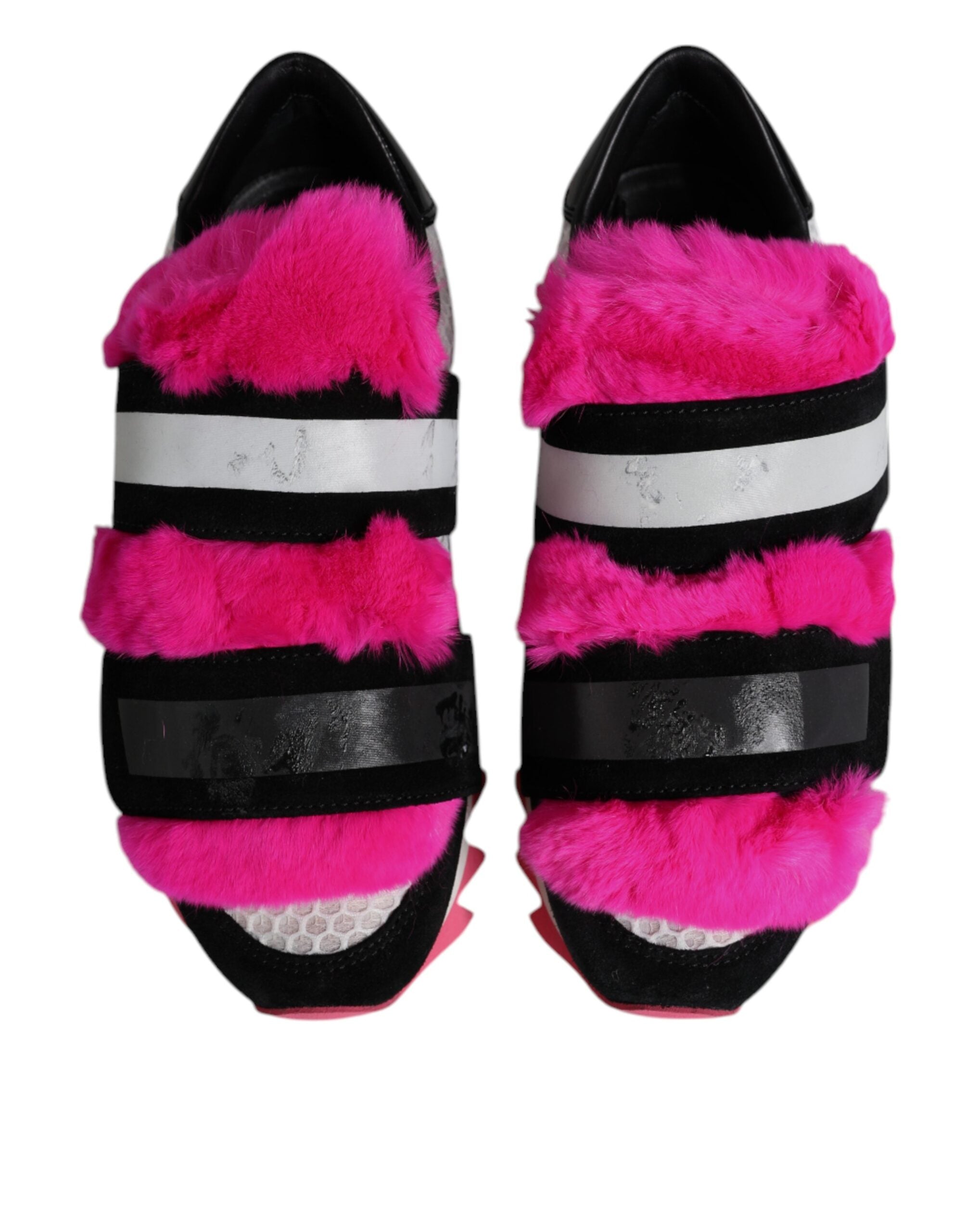 Indulge in the exquisite Dolce & Gabbana Black Pink Fur Embellished Sneakers, where artisanal luxury meets modern elegance, crafted for those who embrace sophistication.
