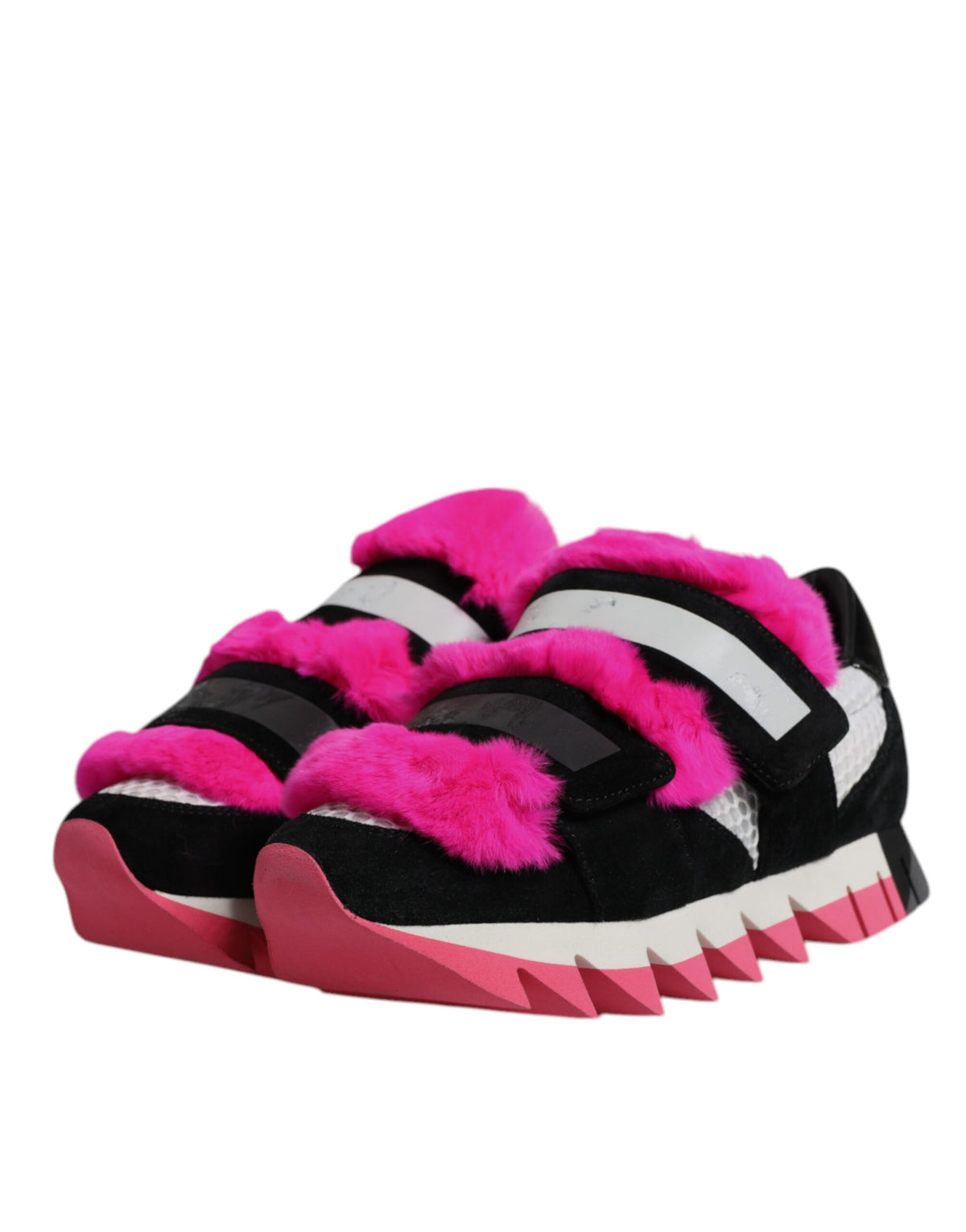 Elevate your style with Dolce & Gabbana's Black Pink Fur Embellished Sneakers, a fusion of exquisite craftsmanship and luxurious materials, designed for the discerning individual.