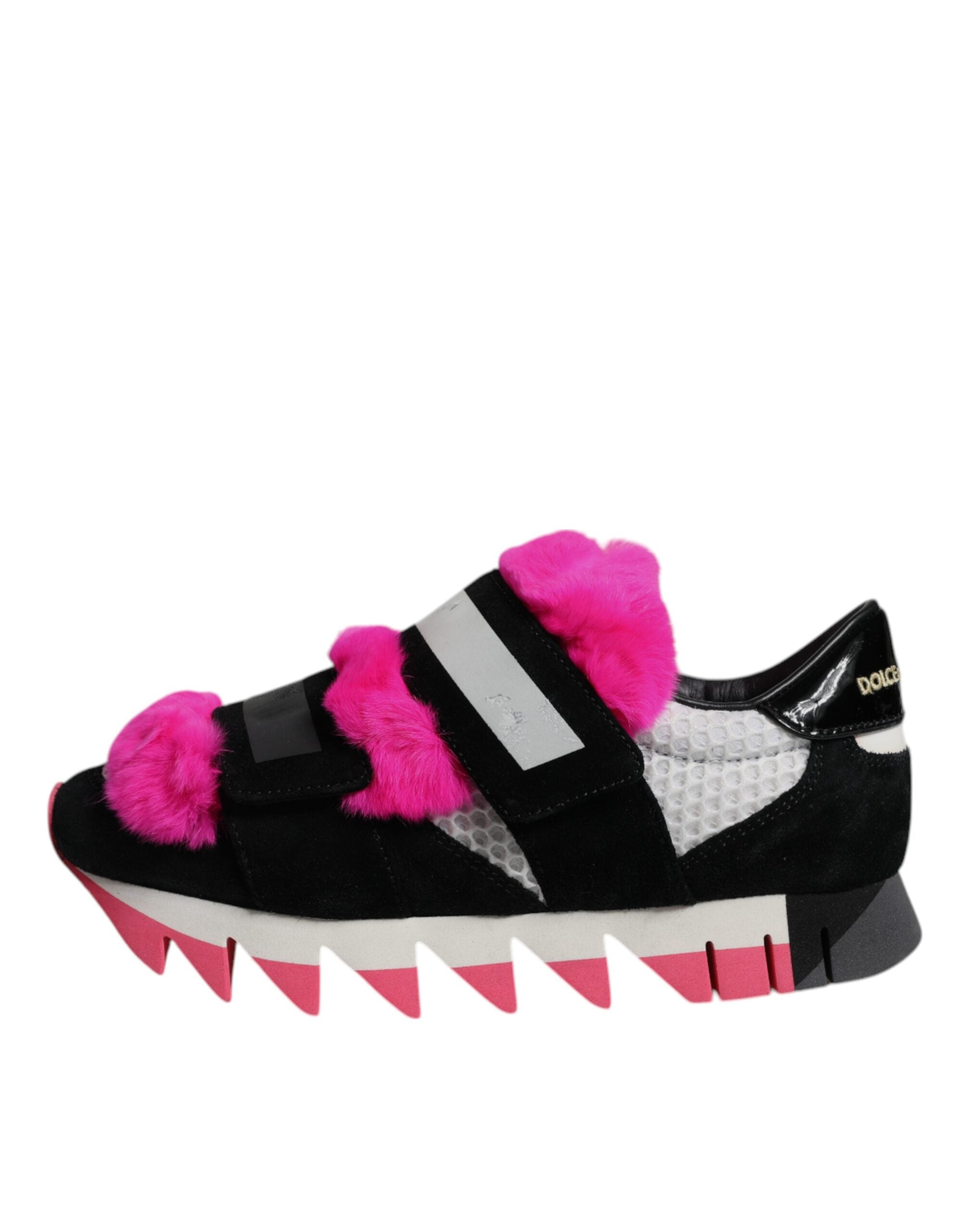 Elevate your style with Dolce & Gabbana's Black Pink Fur Embellished Sneakers, where exquisite craftsmanship meets luxurious comfort, perfect for the discerning individual.