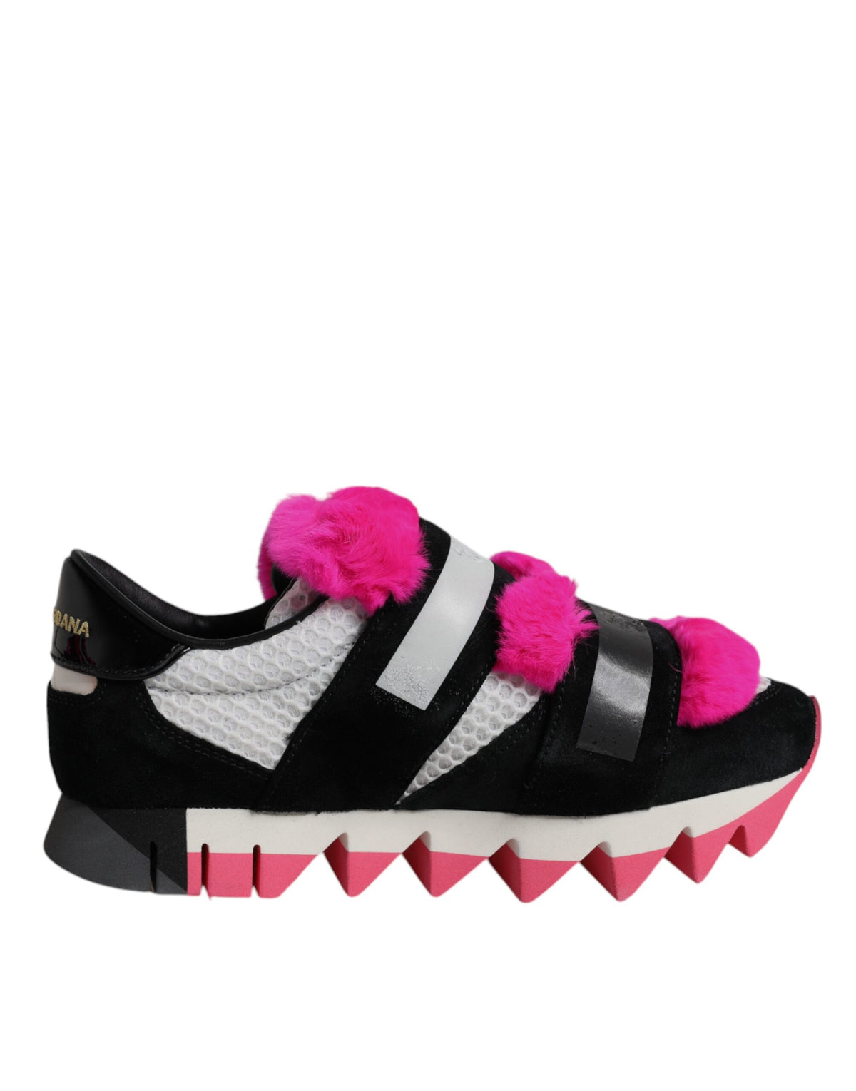 Elevate your style with the Dolce & Gabbana Black Pink Fur Embellished Sneakers, where exquisite craftsmanship meets luxurious comfort, perfect for the discerning individual.