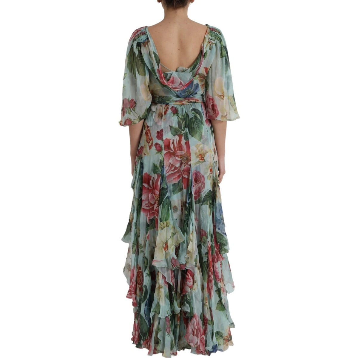 Indulge in the exquisite Dolce & Gabbana Blue Floral Print Tiered Long Maxi Dress, a silk masterpiece that embodies timeless elegance and refined luxury for any occasion.