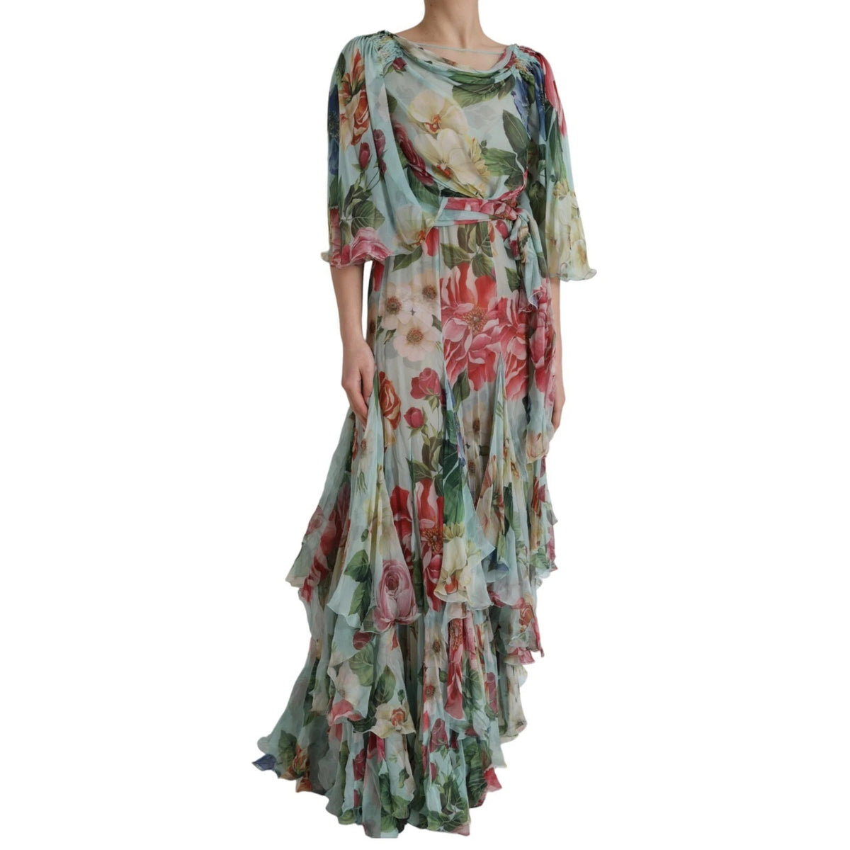 Indulge in the exquisite craftsmanship of the Dolce & Gabbana Blue Floral Print Tiered Long Maxi Dress, a luxurious silk creation that embodies timeless elegance and sophistication.