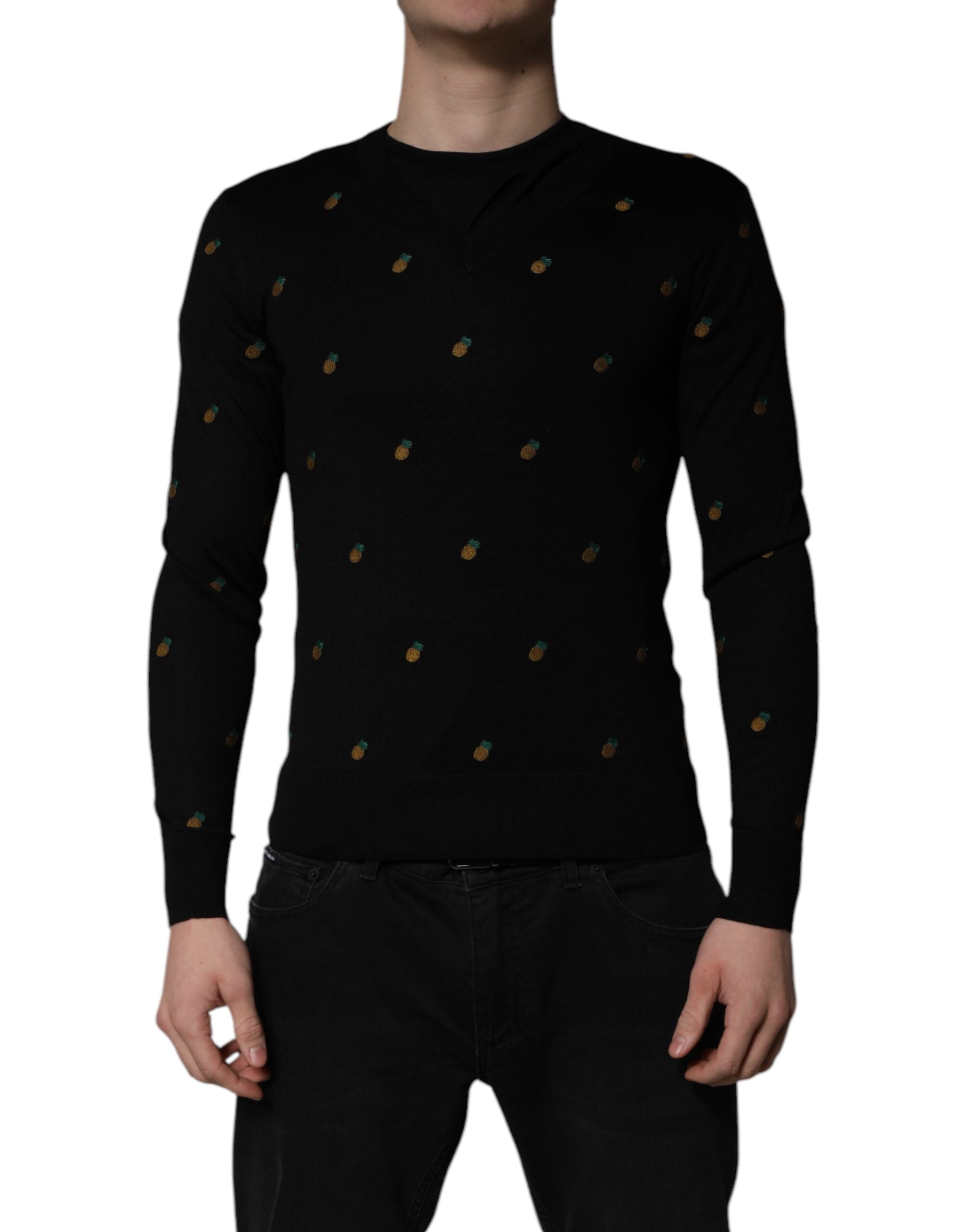 Dolce & Gabbana Black Pineapple Crew Neck Pullover Sweater