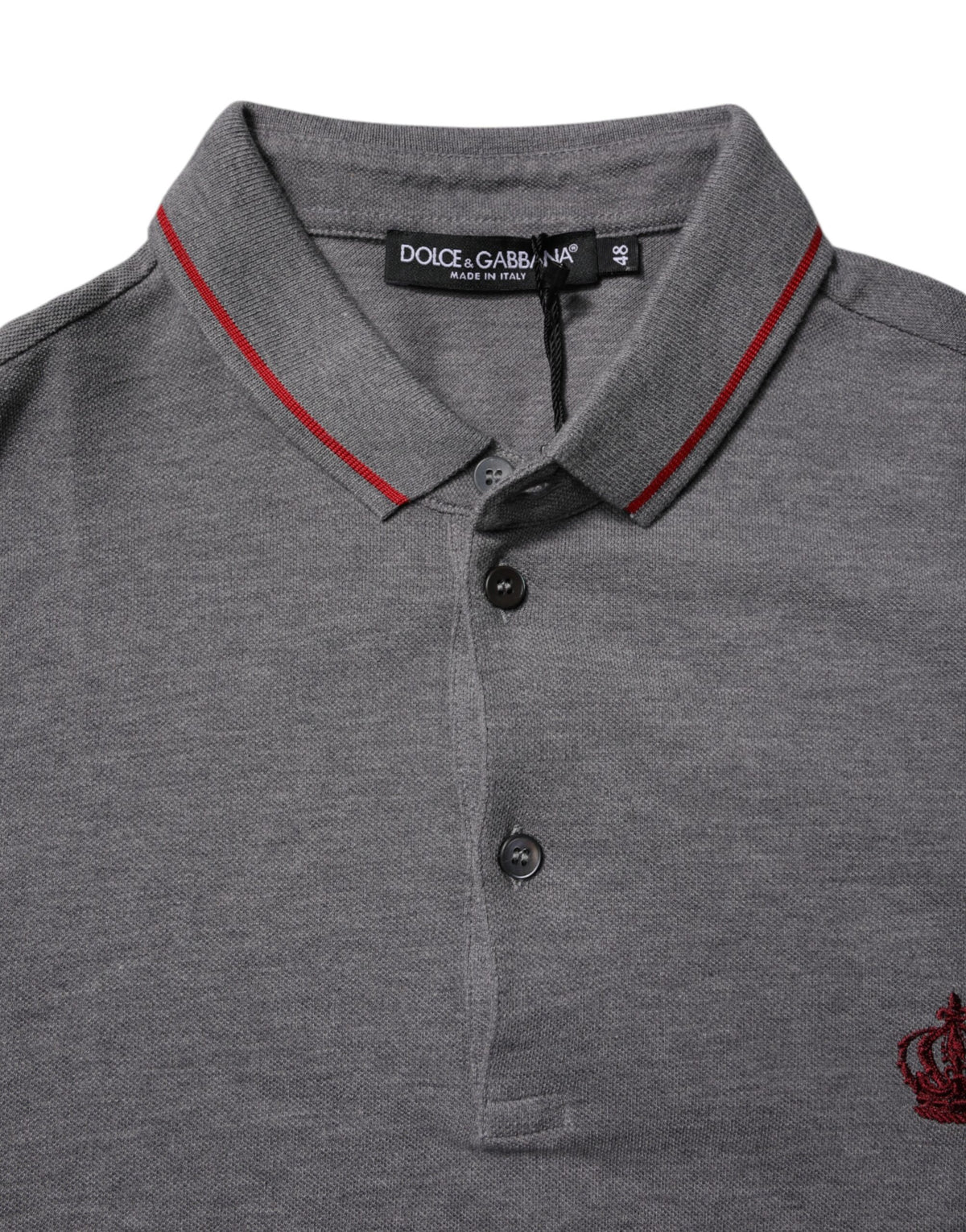 Experience the exquisite elegance of the Dolce & Gabbana Gray Cotton Crown Collared Polo T-shirt, crafted in Italy from premium cotton, embodying luxury and sophistication for the discerning individual.