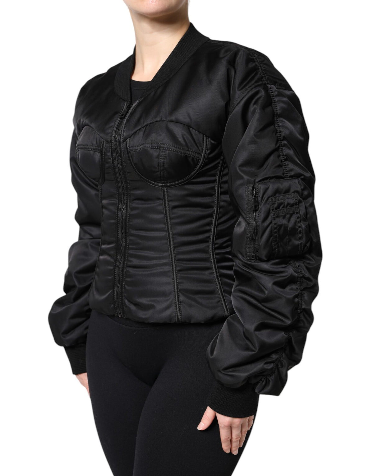 Elevate your wardrobe with the Dolce & Gabbana Black Nylon Full Zip Bustier Corset Jacket, a luxurious blend of exquisite craftsmanship and contemporary elegance.