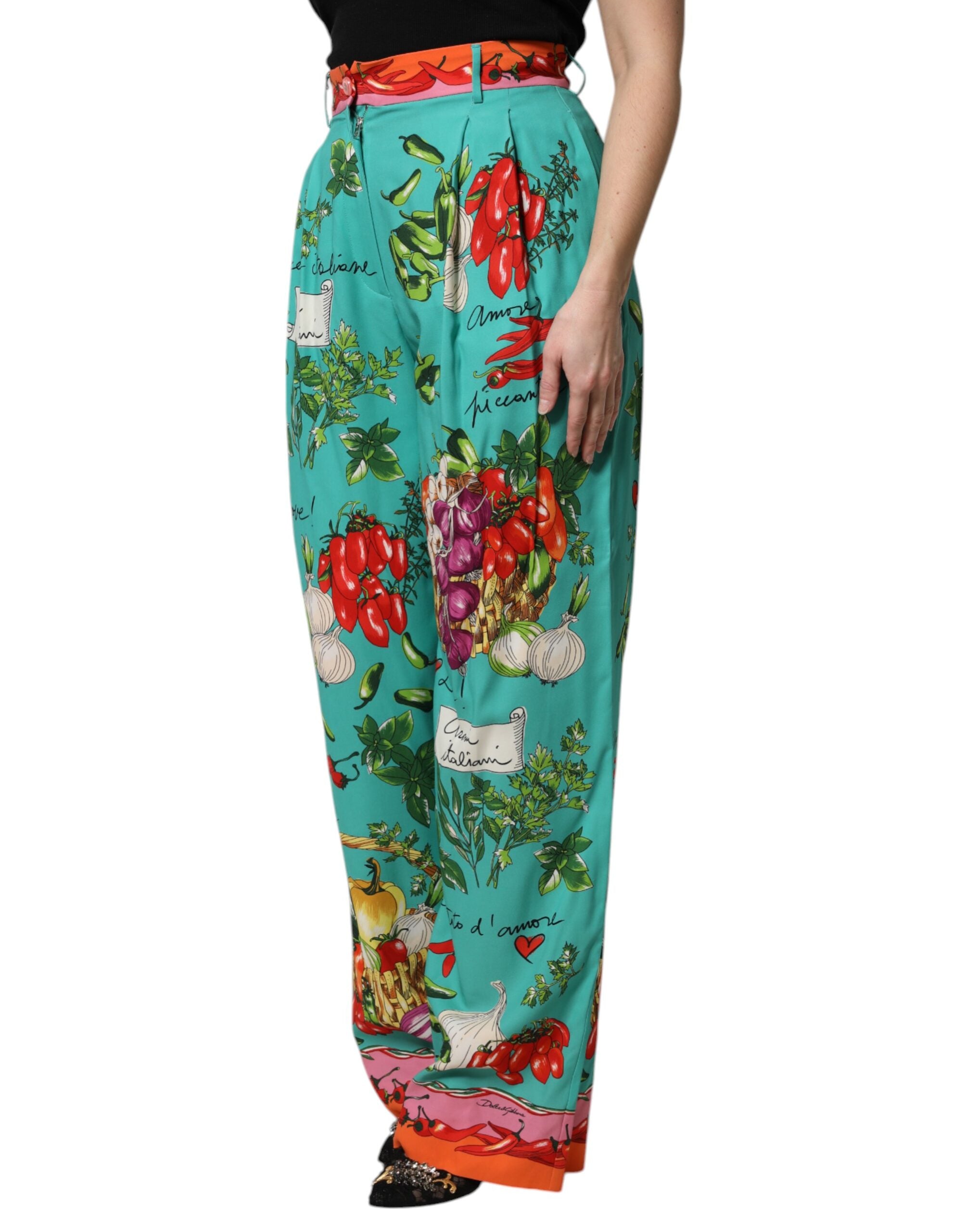 Elevate your wardrobe with Dolce & Gabbana's Green Silk Printed Straight Pants, a fusion of Italian craftsmanship and luxurious design, perfect for any sophisticated occasion.