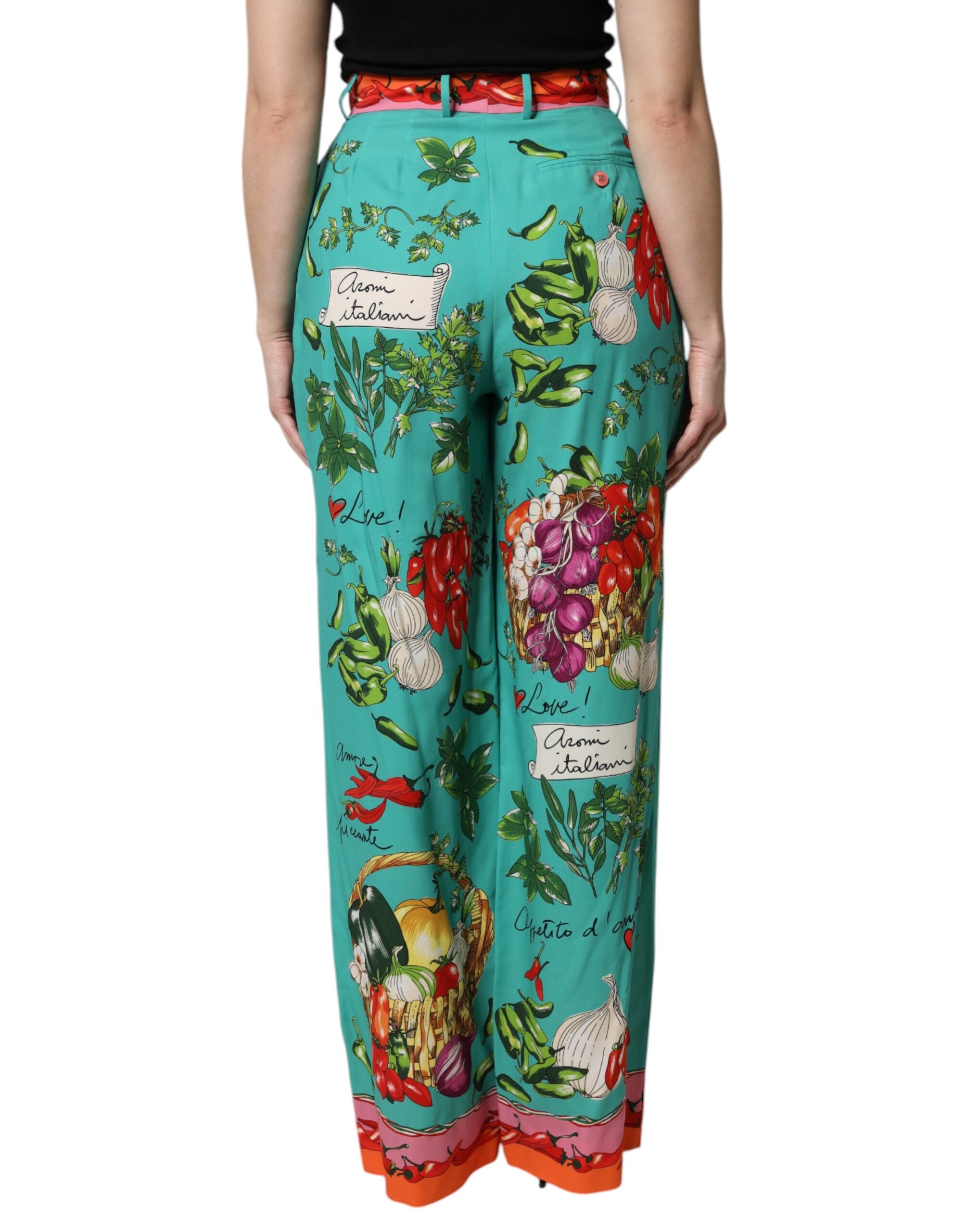 Indulge in the exquisite Dolce & Gabbana Green Silk Printed Straight Pants, a timeless luxury crafted in Italy, blending elegance with bold artistry for the discerning individual.