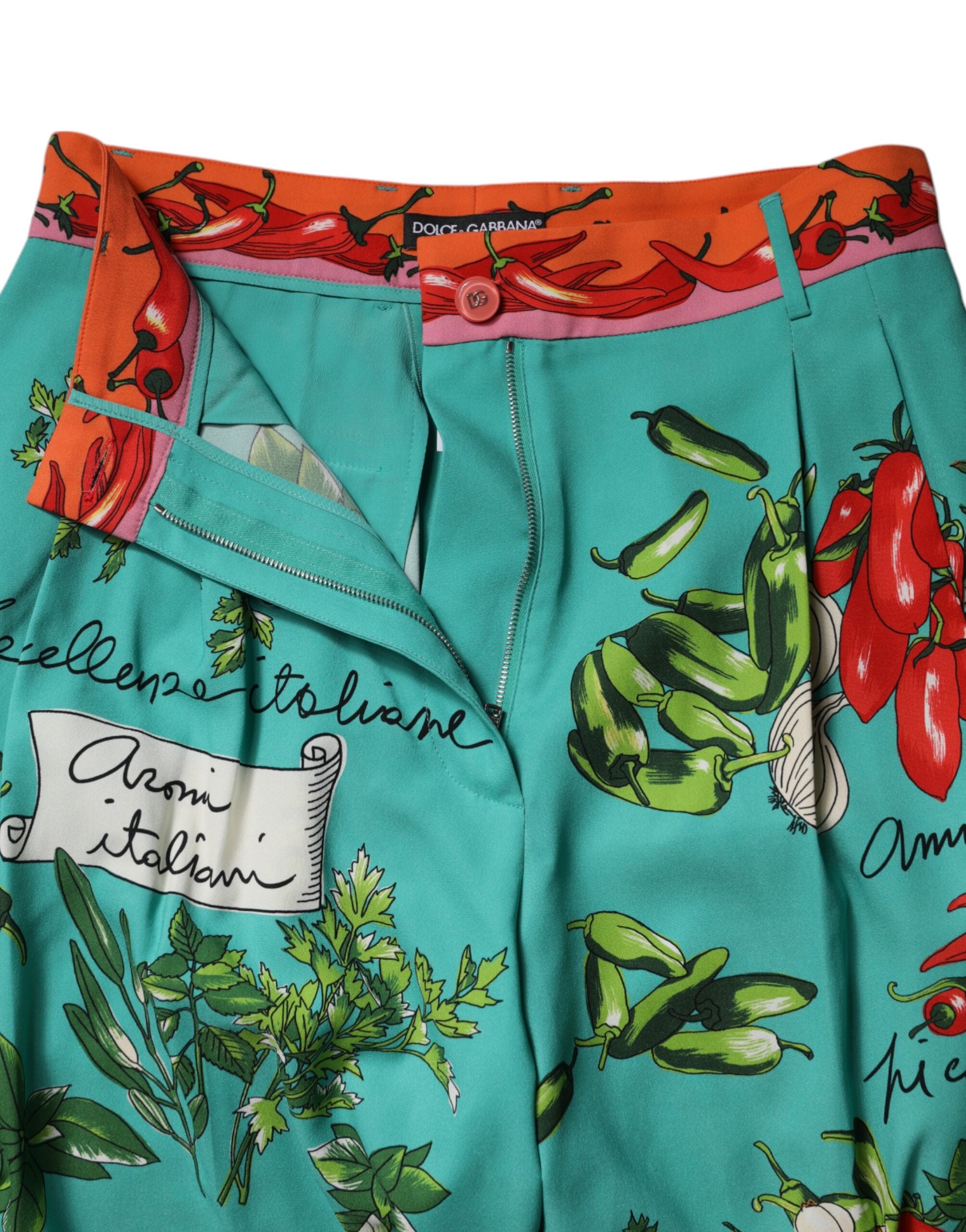Indulge in the exquisite Dolce & Gabbana Green Silk Printed Straight Pants, where luxurious silk meets avant-garde artistry, perfect for elevating any occasion.