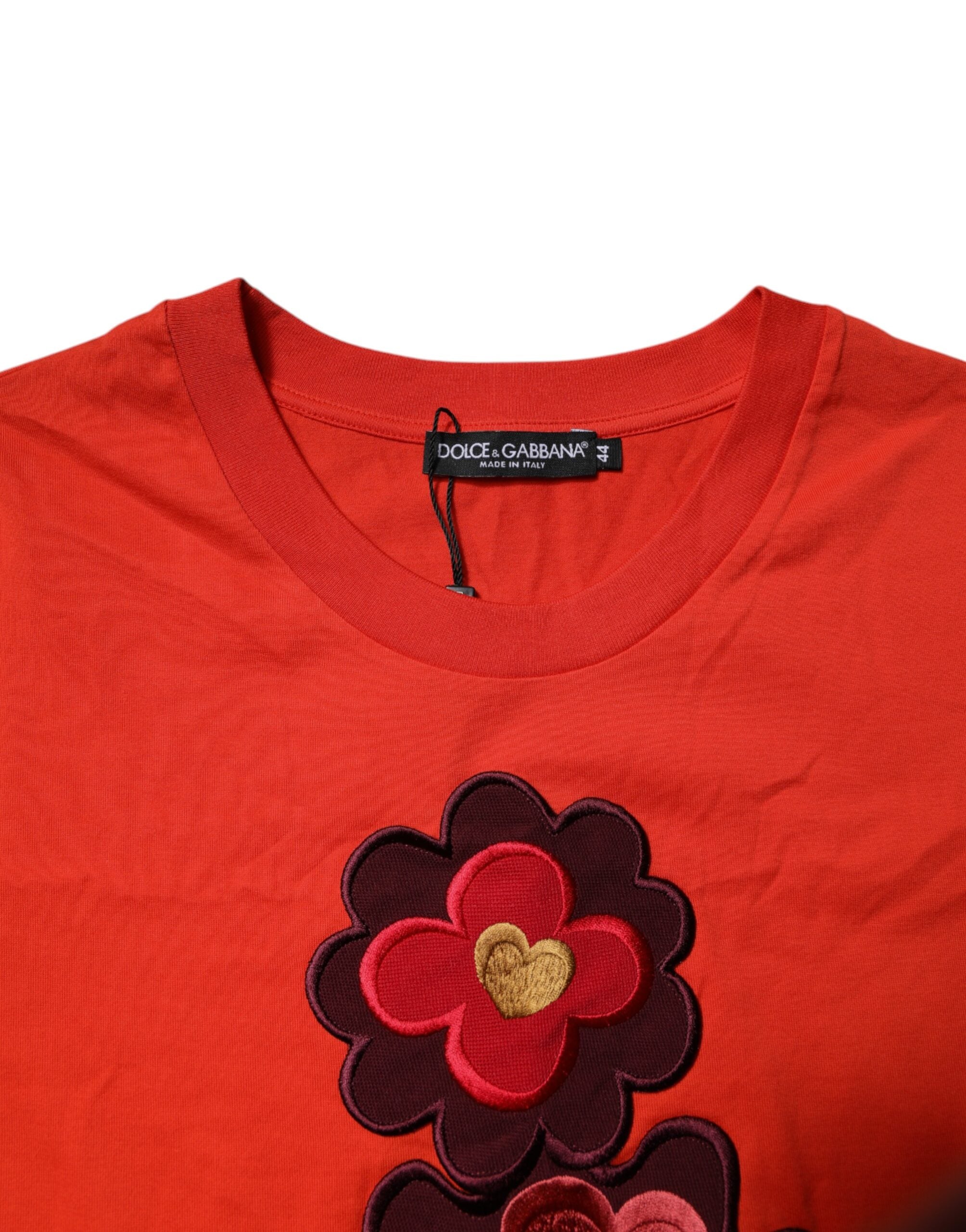 Dolce & Gabbana Red Floral Embroidery Cotton Crew Neck T-shirt