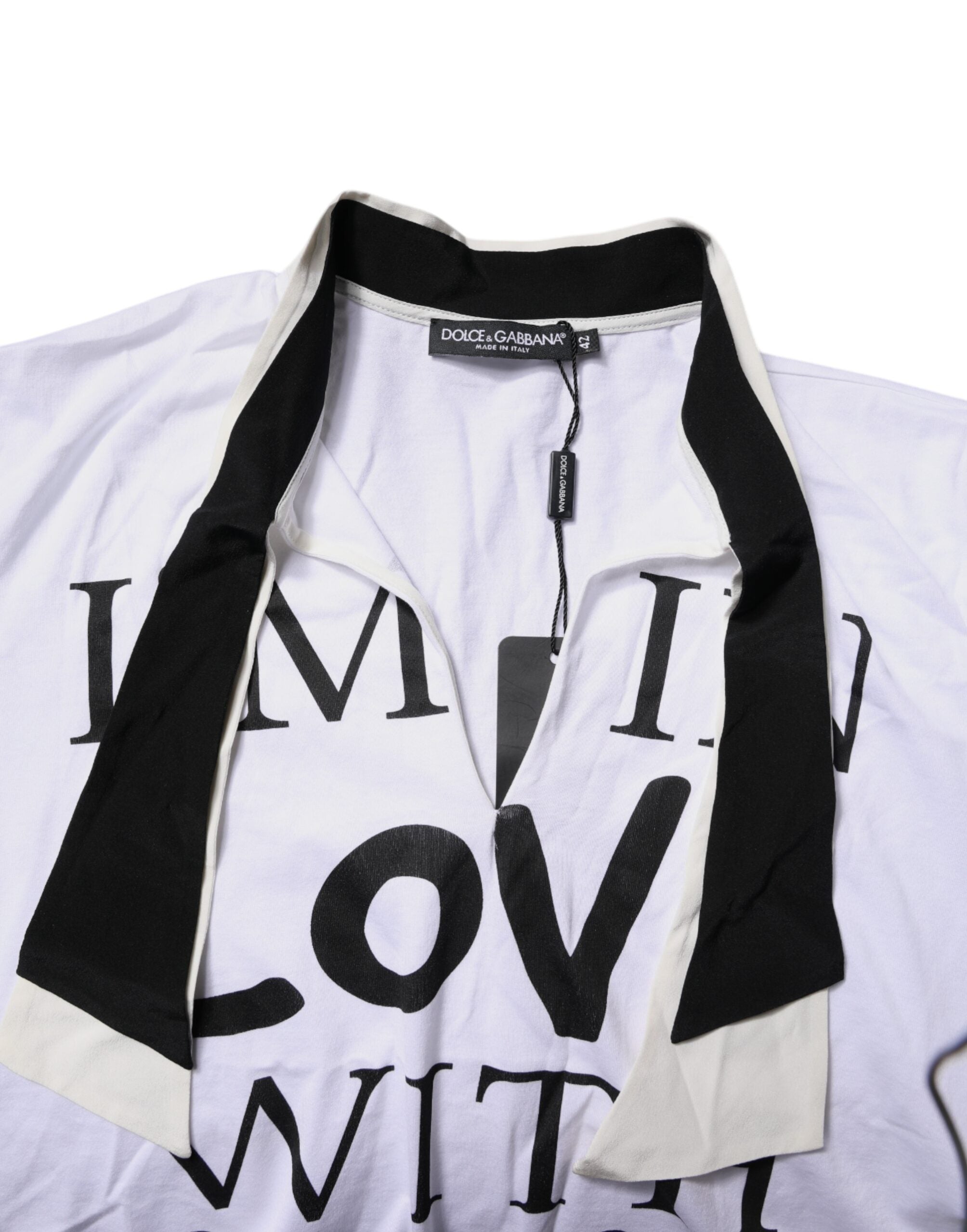 Dolce & Gabbana White Cotton Silk Blend Ascot Collar T-shirt