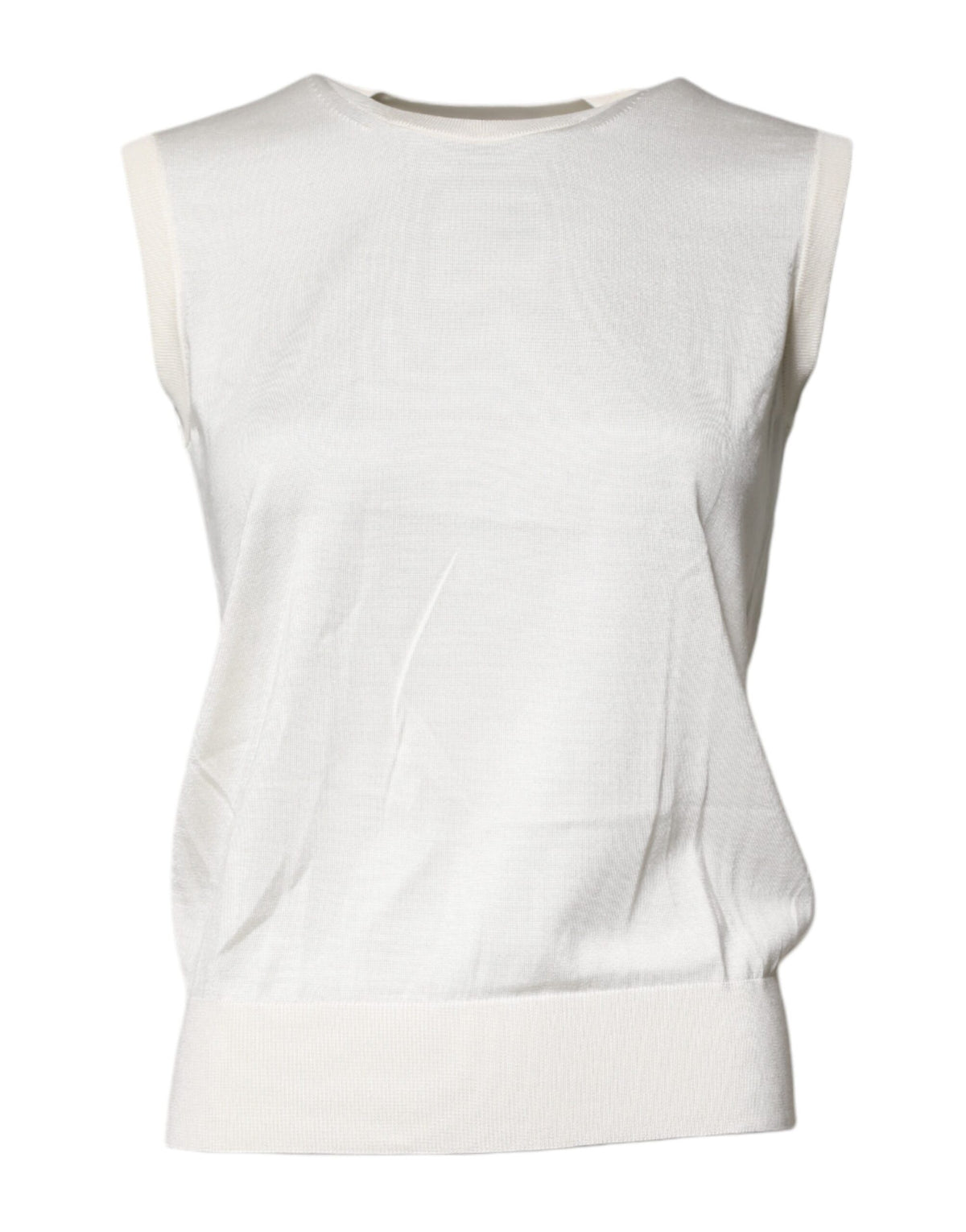 Elevate your elegance with the Dolce & Gabbana Cream Sleeveless Silk Round Neck Tank Top, a timeless masterpiece crafted from 100% silk, embodying luxurious sophistication for every occasion.