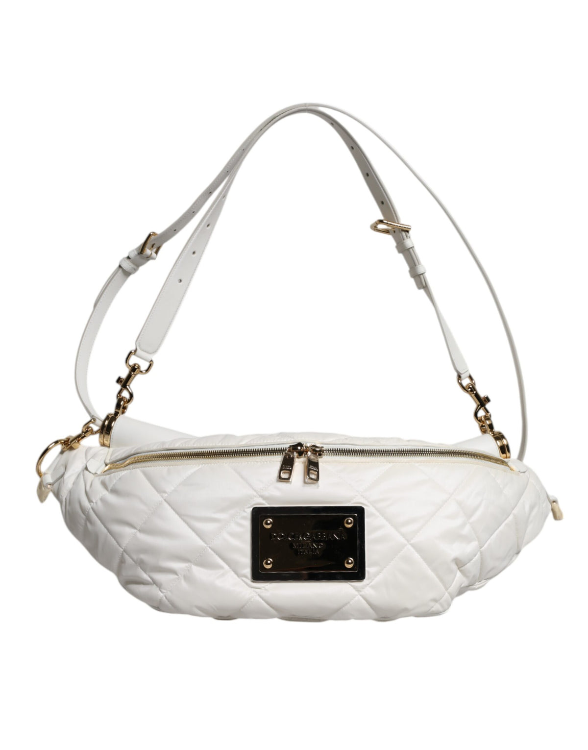 Indulge in the exquisite Dolce & Gabbana White Quilted Logo Plaque Belt Waist Fanny Pack Bag, a timeless blend of luxury and functionality crafted for the discerning individual.