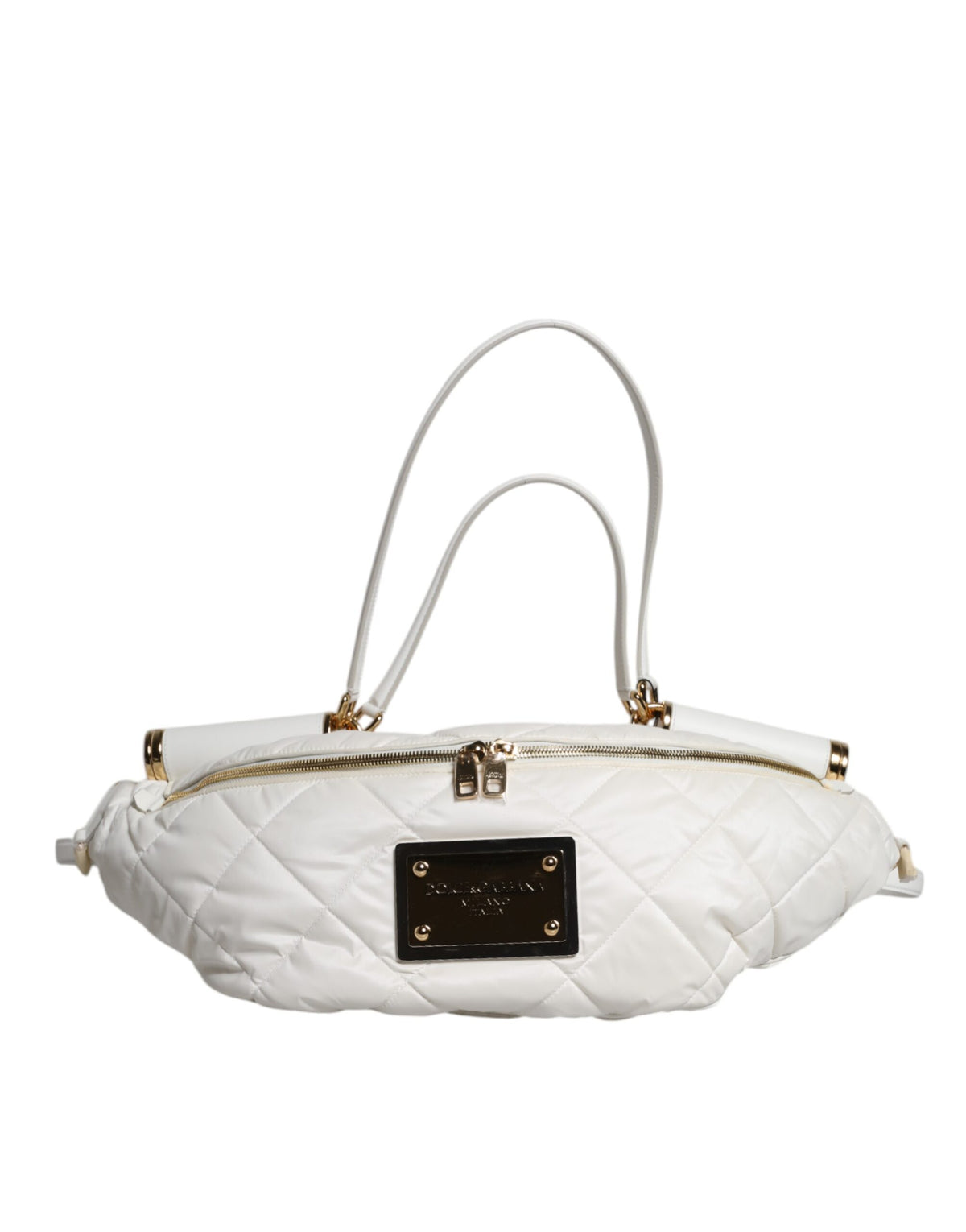 Indulge in the exquisite Dolce & Gabbana White Quilted Logo Plaque Belt Waist Fanny Pack Bag, a timeless blend of luxury and artistry, crafted for the discerning individual.