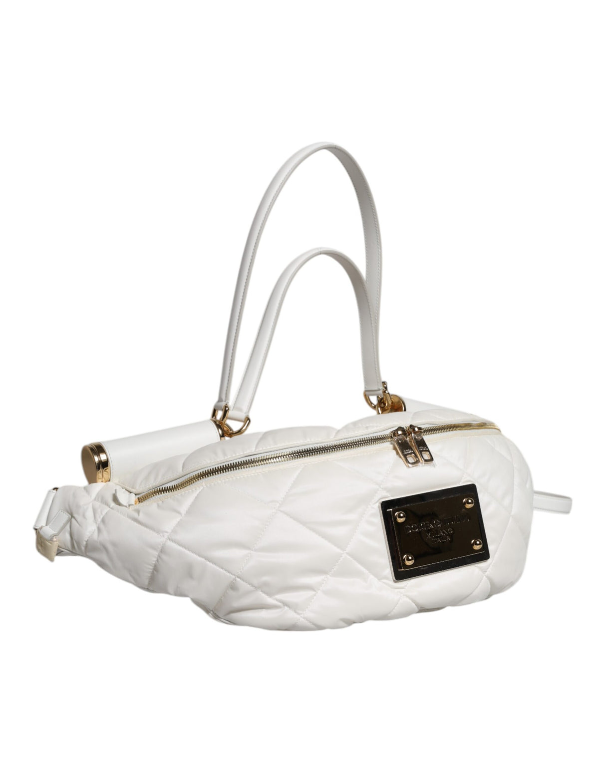 Elevate your style with the Dolce & Gabbana White Quilted Logo Plaque Fanny Pack Bag, a masterpiece of exquisite craftsmanship and timeless luxury, perfect for the discerning individual.