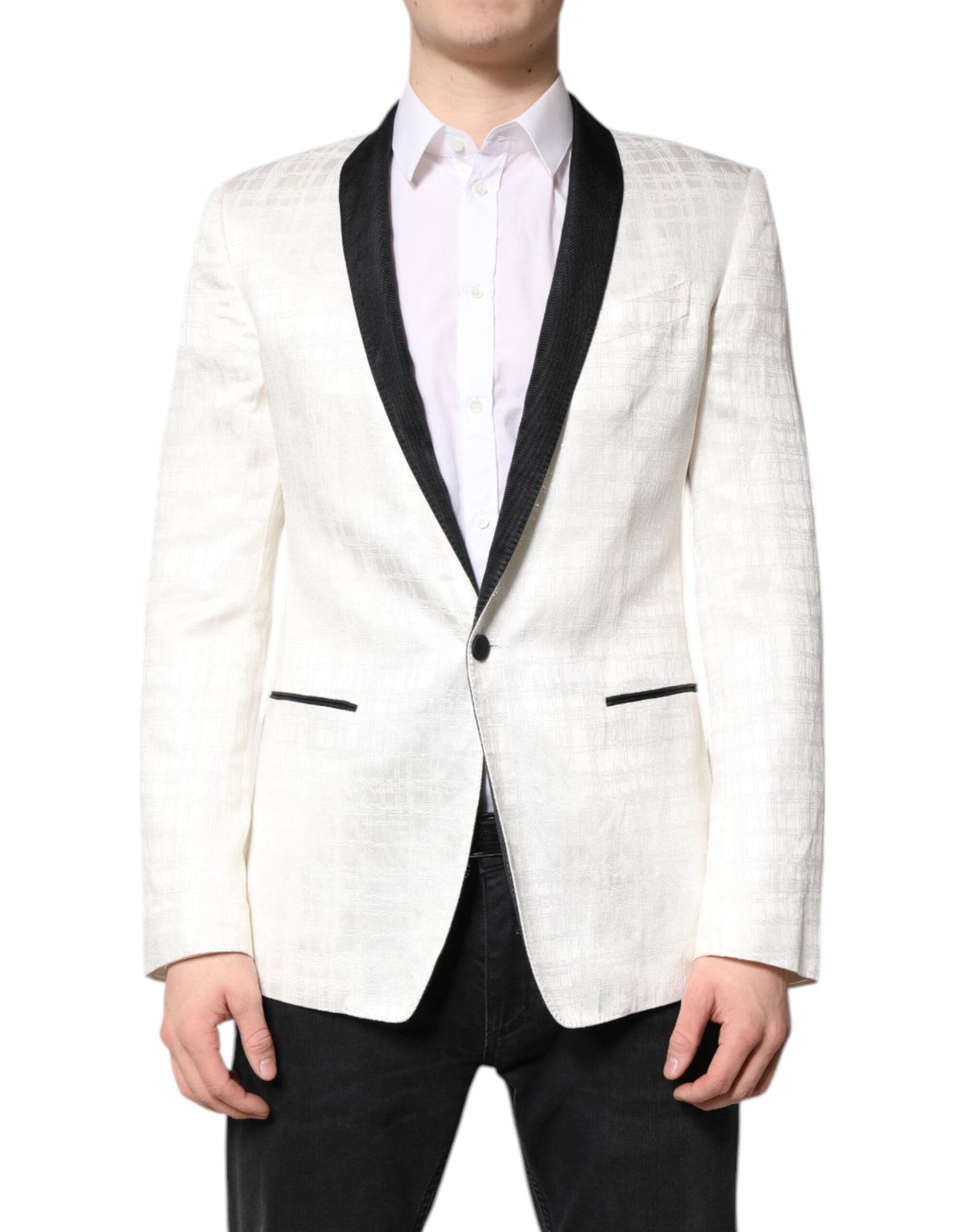 Elevate your wardrobe with the Dolce & Gabbana White Black Single Breasted Coat Blazer Suit, a masterpiece of luxurious craftsmanship and timeless elegance, perfect for any sophisticated occasion.