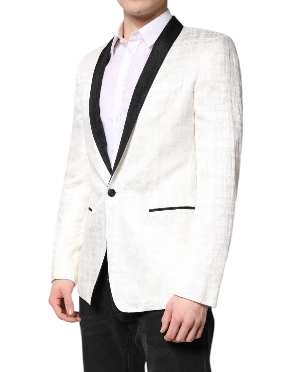 Elevate your wardrobe with the Dolce & Gabbana White Black Single Breasted Coat Blazer Suit, a masterpiece of Italian craftsmanship that embodies timeless elegance and sophistication.