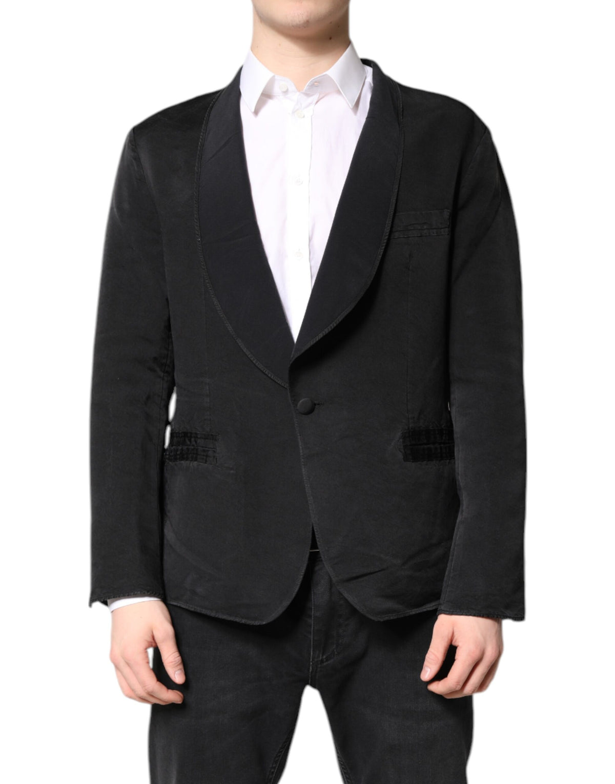Experience the allure of Dolce & Gabbana's Black Silk Single Breasted Coat Blazer Suit, a timeless masterpiece crafted from luxurious silk, perfect for elevating any sophisticated ensemble.