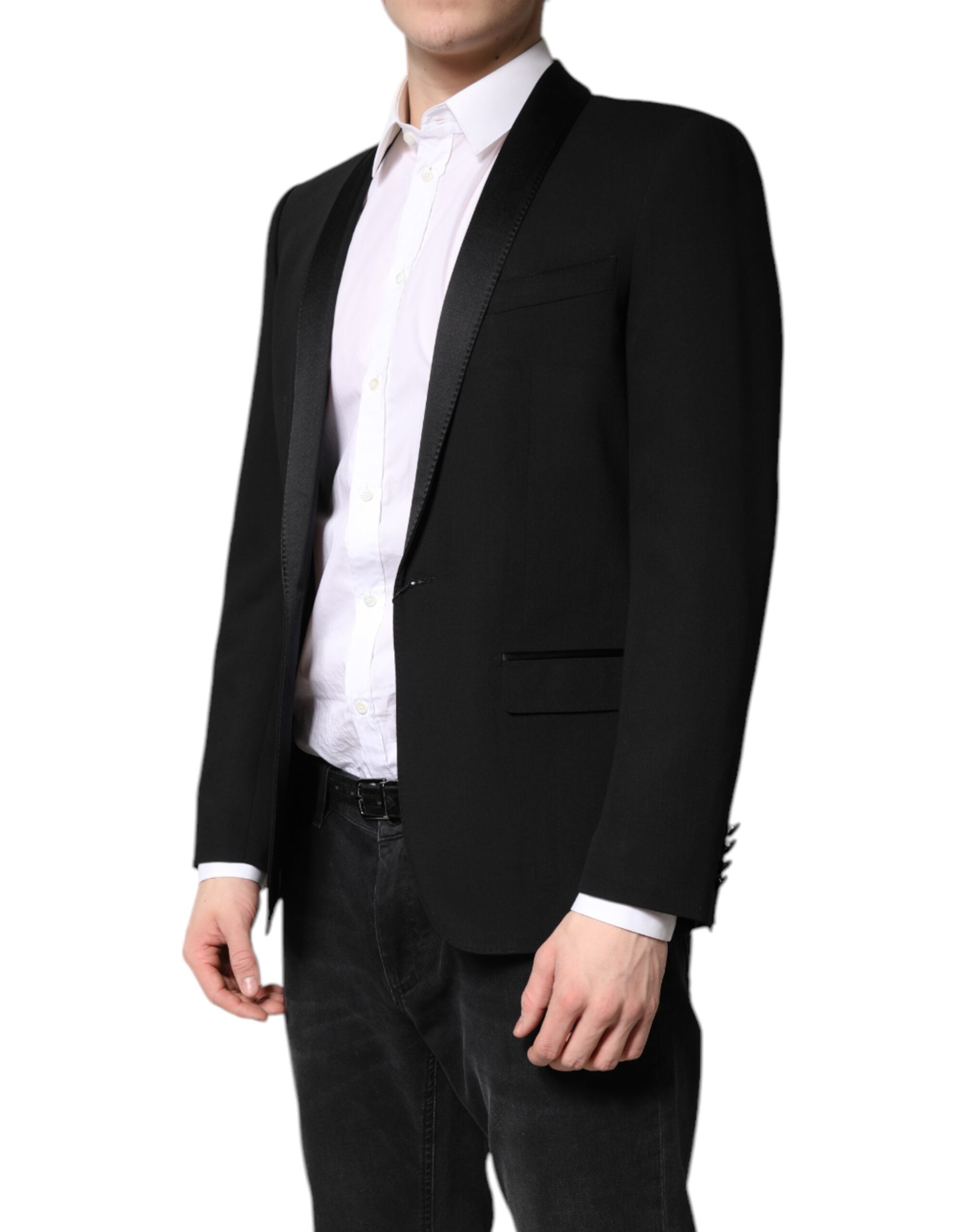 Experience the allure of the Dolce & Gabbana Black MARTINI Blazer, a masterpiece of luxurious virgin wool and silk, embodying timeless elegance and Italian craftsmanship.