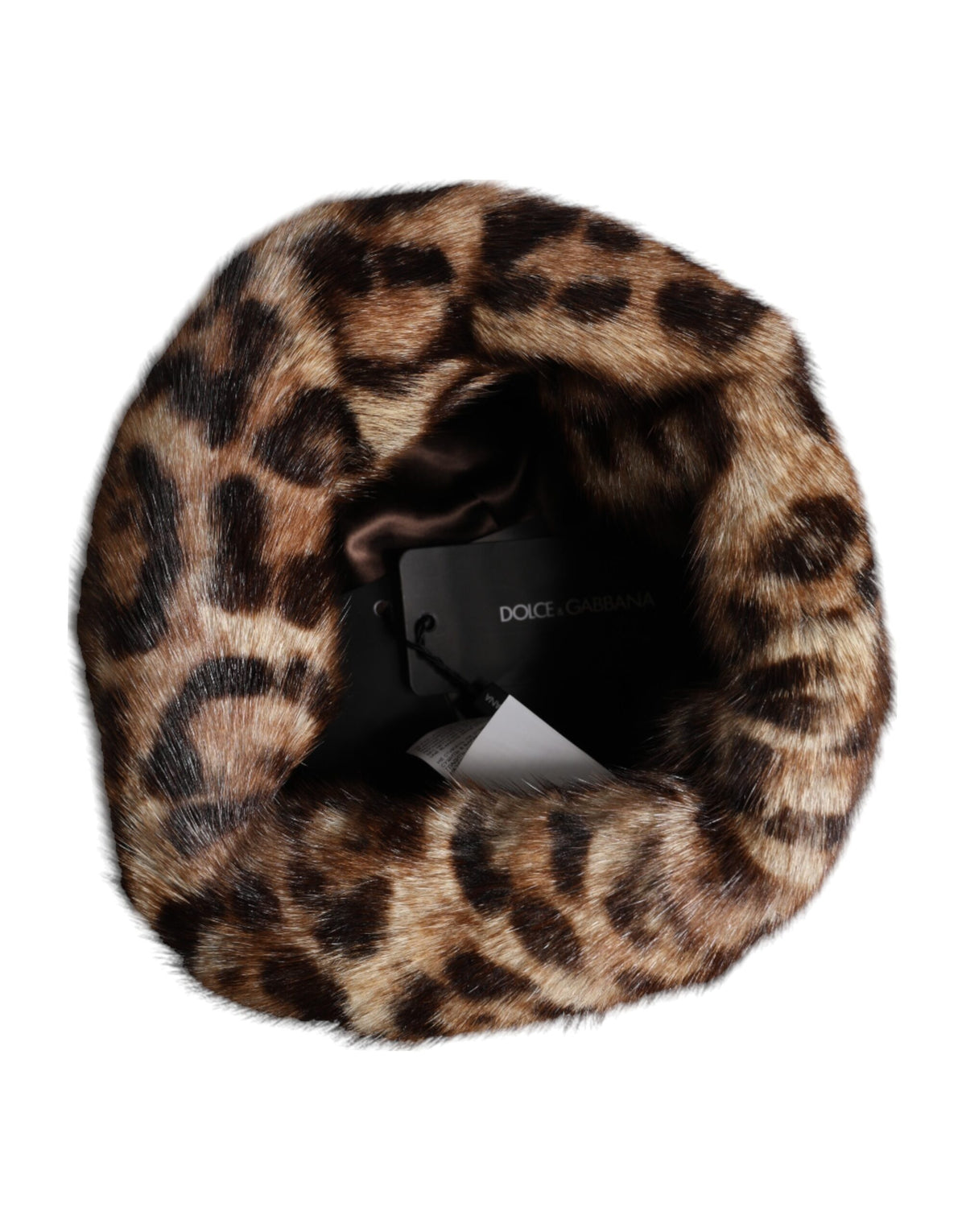 Indulge in the Dolce & Gabbana Brown Leopard Faux Fur Bucket Hat, a luxurious statement piece crafted with exquisite attention to detail, perfect for the discerning fashionista.