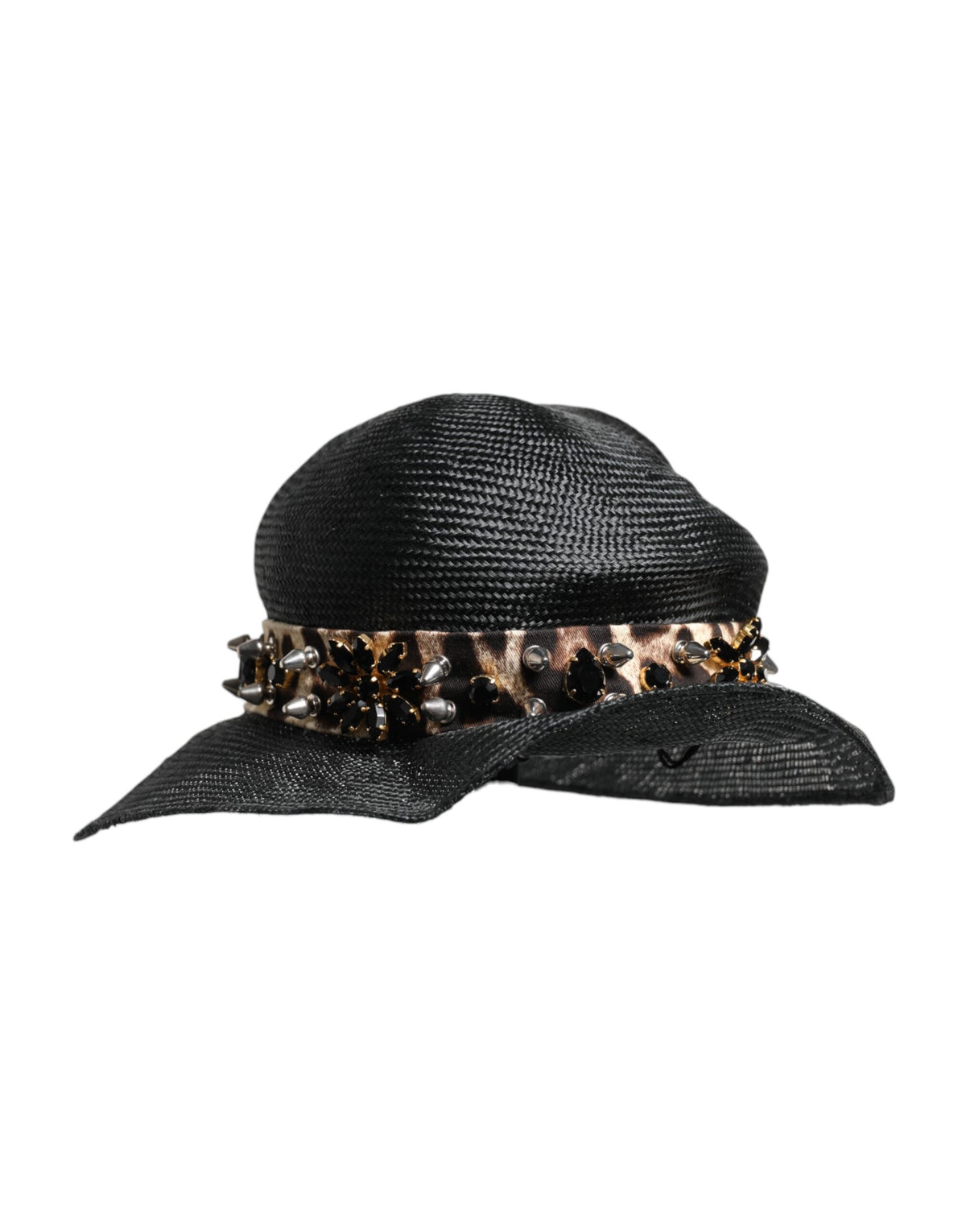 Indulge in the opulence of the Dolce & Gabbana Black Straw Crystal Embellished Wide Brim Hat, a masterpiece of couture craftsmanship that elevates your elegance and allure.