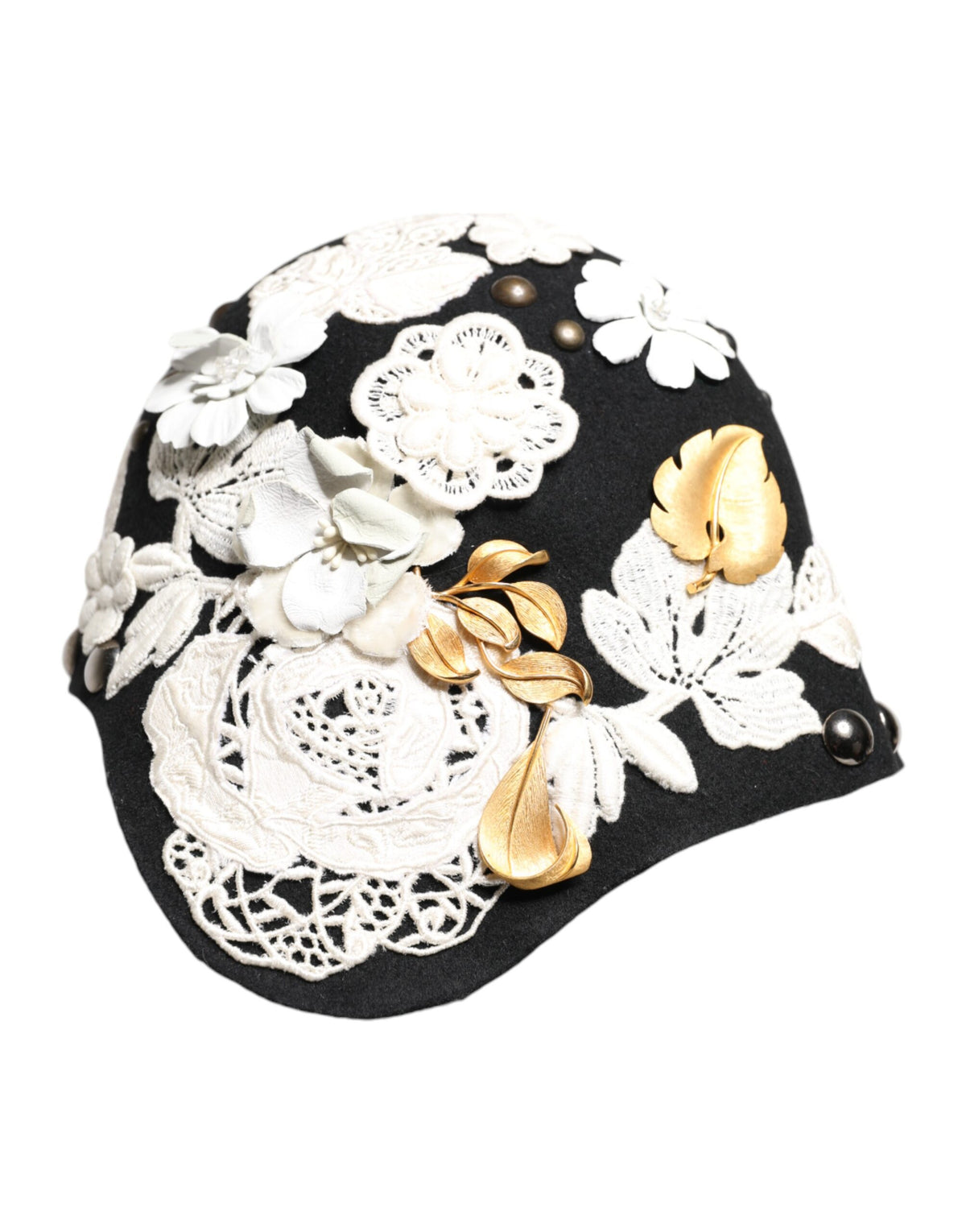 Elevate your elegance with the Dolce & Gabbana Black Wool White Floral Gold Leaf Cloche Hat, a masterpiece of haute couture craftsmanship that embodies timeless luxury.