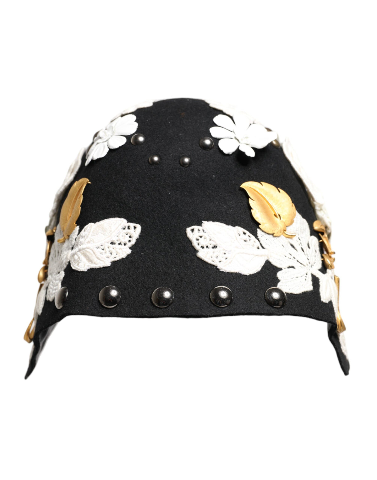 Elevate your style with the Dolce & Gabbana Black Wool White Floral Gold Leaf Cloche Hat, a masterpiece of haute couture craftsmanship that embodies timeless elegance and sophistication.