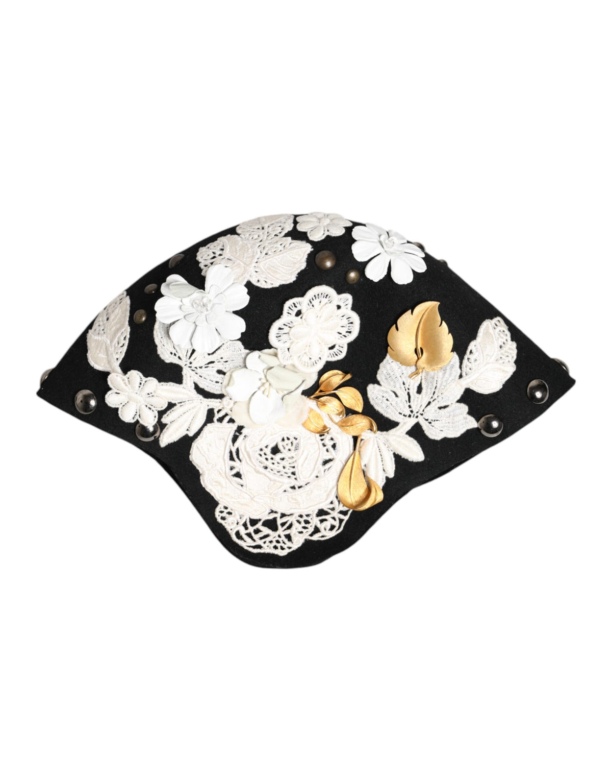 Indulge in the exquisite Dolce & Gabbana Black Wool White Floral Gold Leaf Cloche Hat, a luxurious masterpiece of haute couture craftsmanship that elevates any ensemble with timeless elegance.