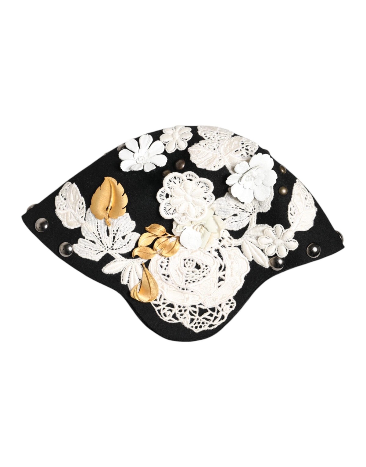Indulge in the exquisite Dolce & Gabbana Black Wool White Floral Gold Leaf Cloche Hat, a luxurious accessory that embodies timeless elegance and artisanal craftsmanship.