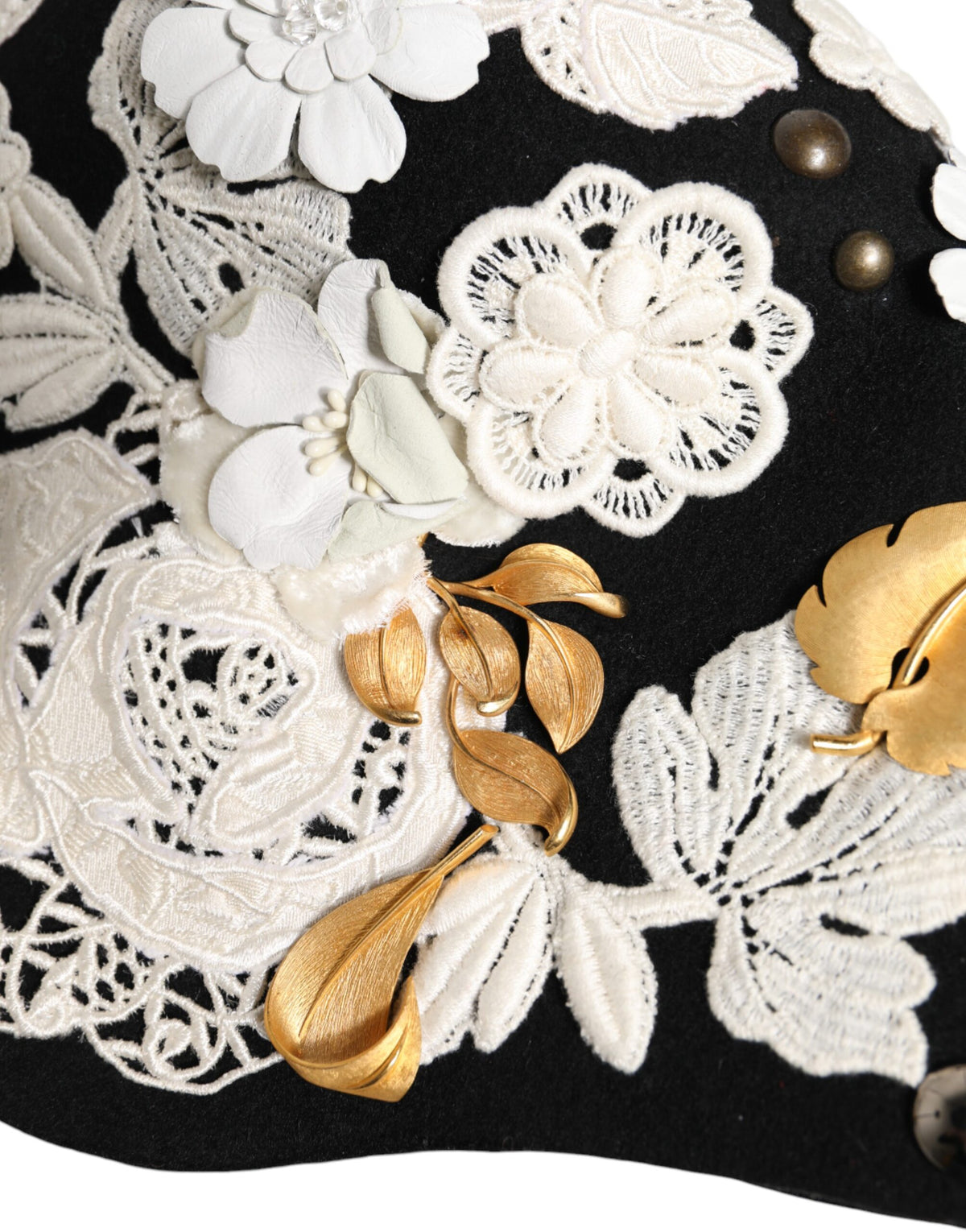 Elevate your style with the Dolce & Gabbana Black Wool White Floral Gold Leaf Cloche Hat, a masterpiece of haute couture craftsmanship, perfect for sophisticated occasions.