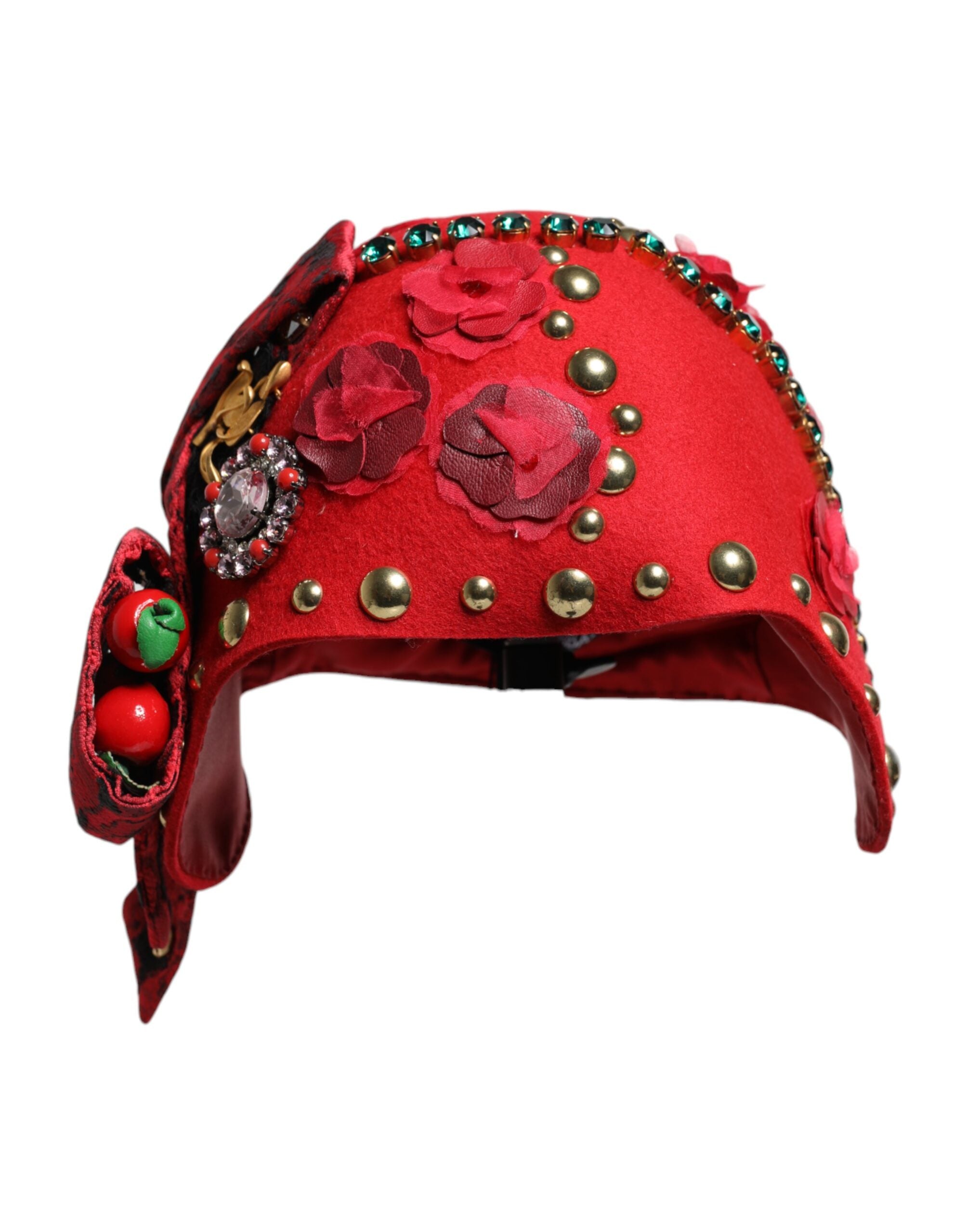 Indulge in the exquisite Dolce & Gabbana Red Crystal Gold Roses Brooch Hat, a luxurious statement piece that embodies timeless elegance and Italian craftsmanship.