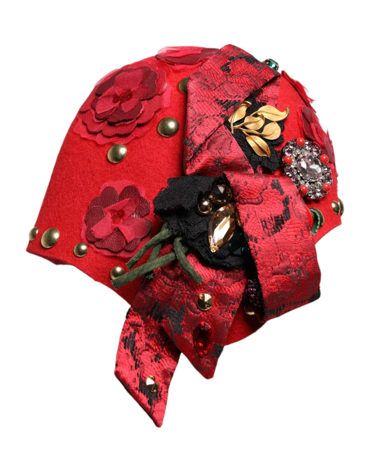 Elevate your style with the Dolce & Gabbana Red Crystal Gold Roses Brooch Hat, a masterpiece of Italian craftsmanship that embodies luxury and timeless elegance.
