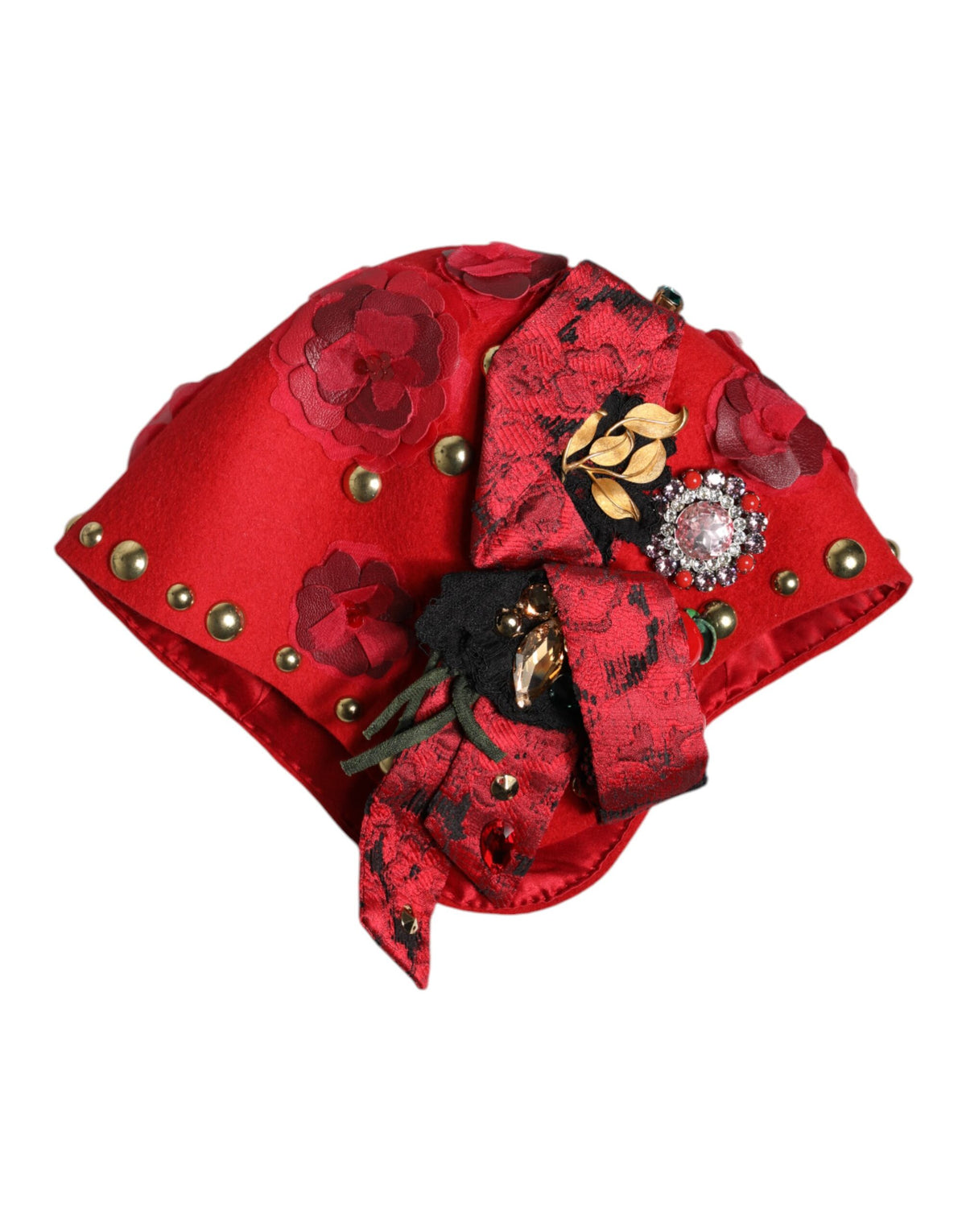 Elevate your style with the Dolce & Gabbana Red Crystal Gold Roses Brooch Hat, a luxurious embodiment of Italian craftsmanship and timeless elegance, perfect for any occasion.