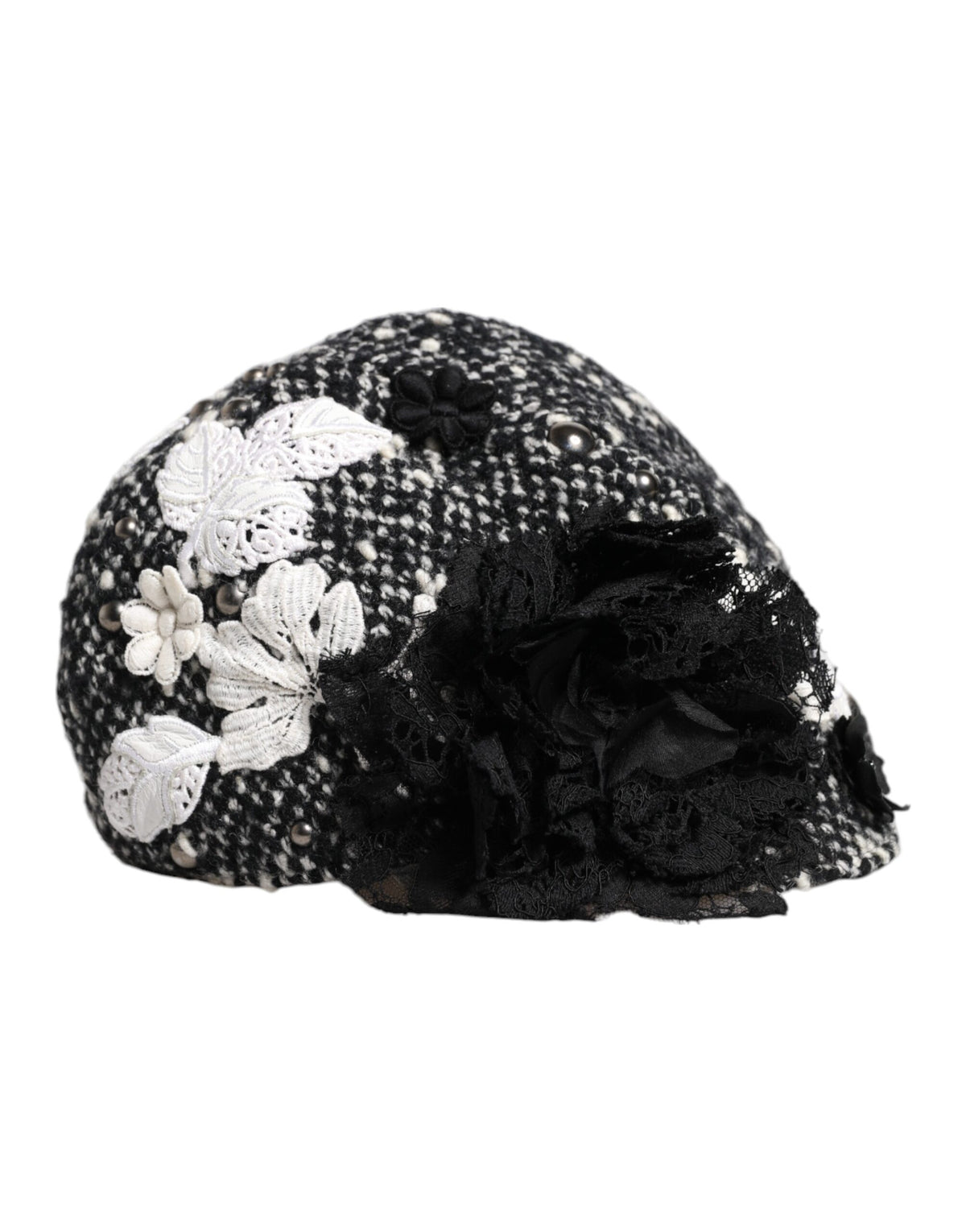 Indulge in the exquisite Dolce & Gabbana Black Wool White Floral Embellished Cloche Hat, a masterpiece of Italian craftsmanship that elevates your elegance and allure.