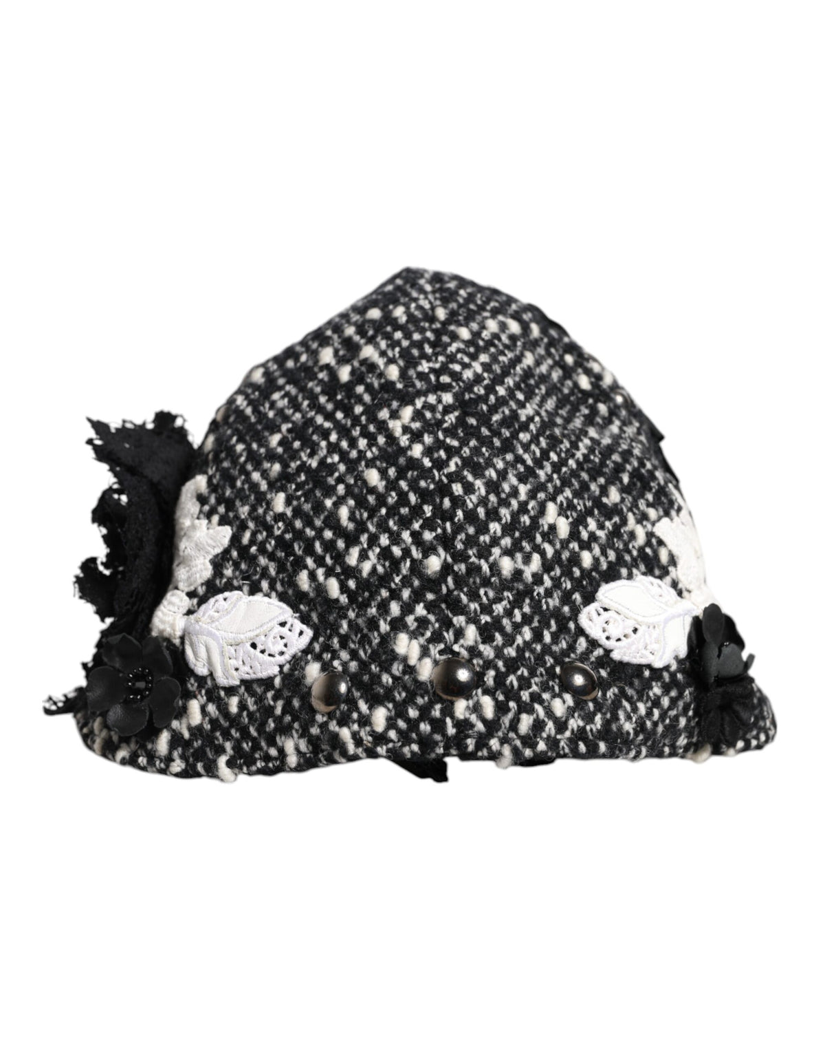 Indulge in the Dolce & Gabbana Black Wool White Floral Embellished Cloche Hat, a masterpiece of Italian craftsmanship that elevates your elegance and sophistication.