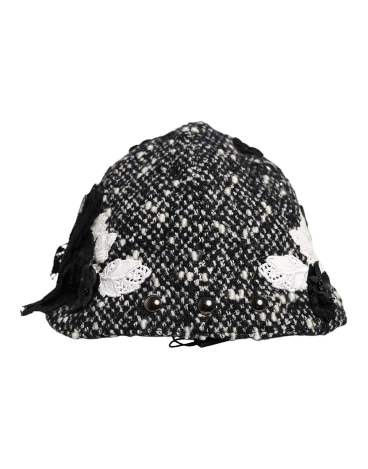 Indulge in the exquisite Dolce & Gabbana Black Wool White Floral Embellished Cloche Hat, a testament to artisan craftsmanship and timeless elegance, perfect for any sophisticated occasion.